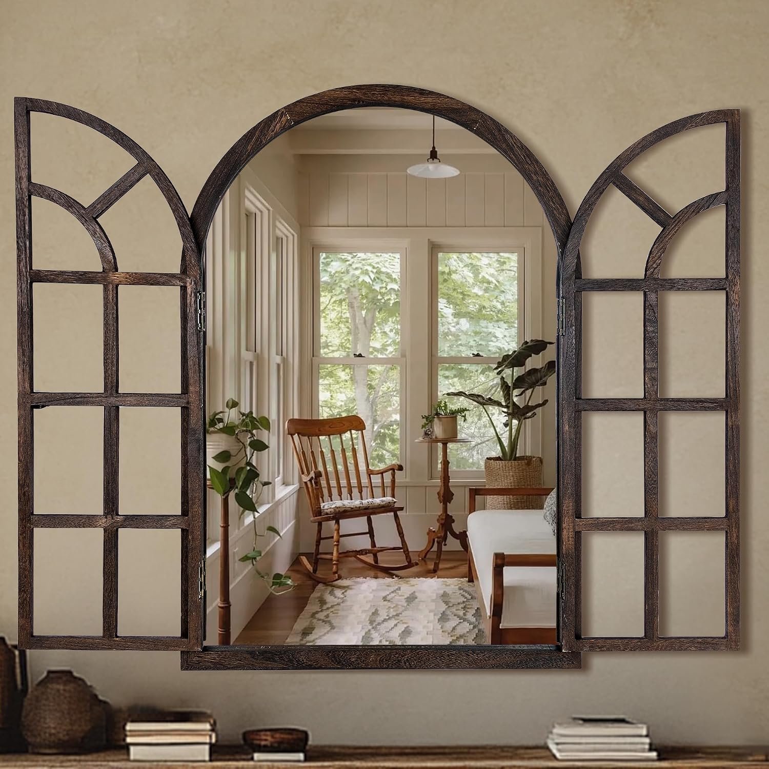 AMOISE Arched Wall Mirror with Wood Window Pane Frame, 24 x 36 Inch, Brown | Solid Wood Frame, Rustic Farmhouse Style, Decorative Mirror for Living Room, Bedroom, Entryway, Hanging or Leaning