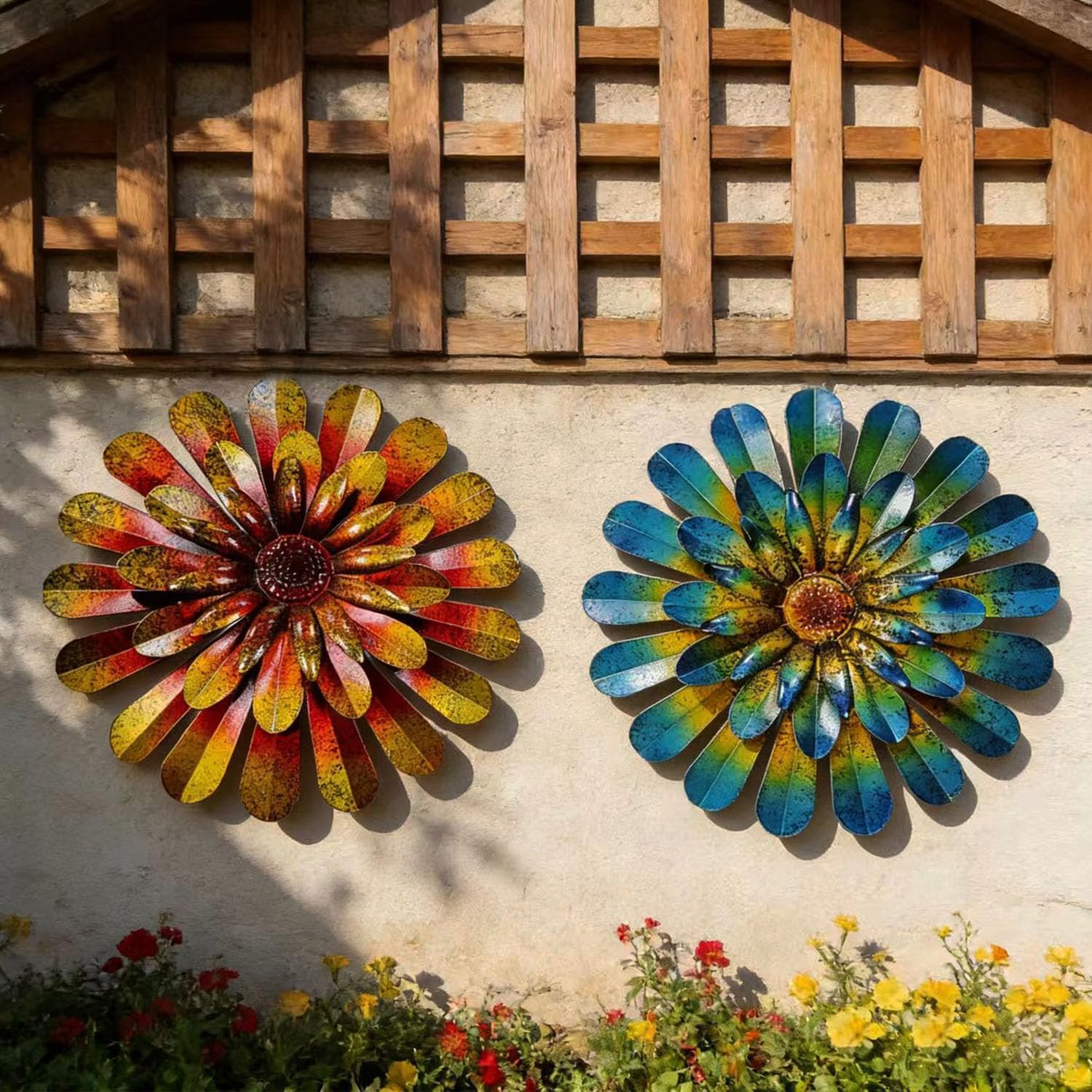 2 Pack Metal Flower Wall Decor, Hand-Painted Farmhouse Hanging Wall Art | 12 inch floral metal wall hanging with built-in hooks. Indoor & outdoor decor, garden farmhouse decoration.