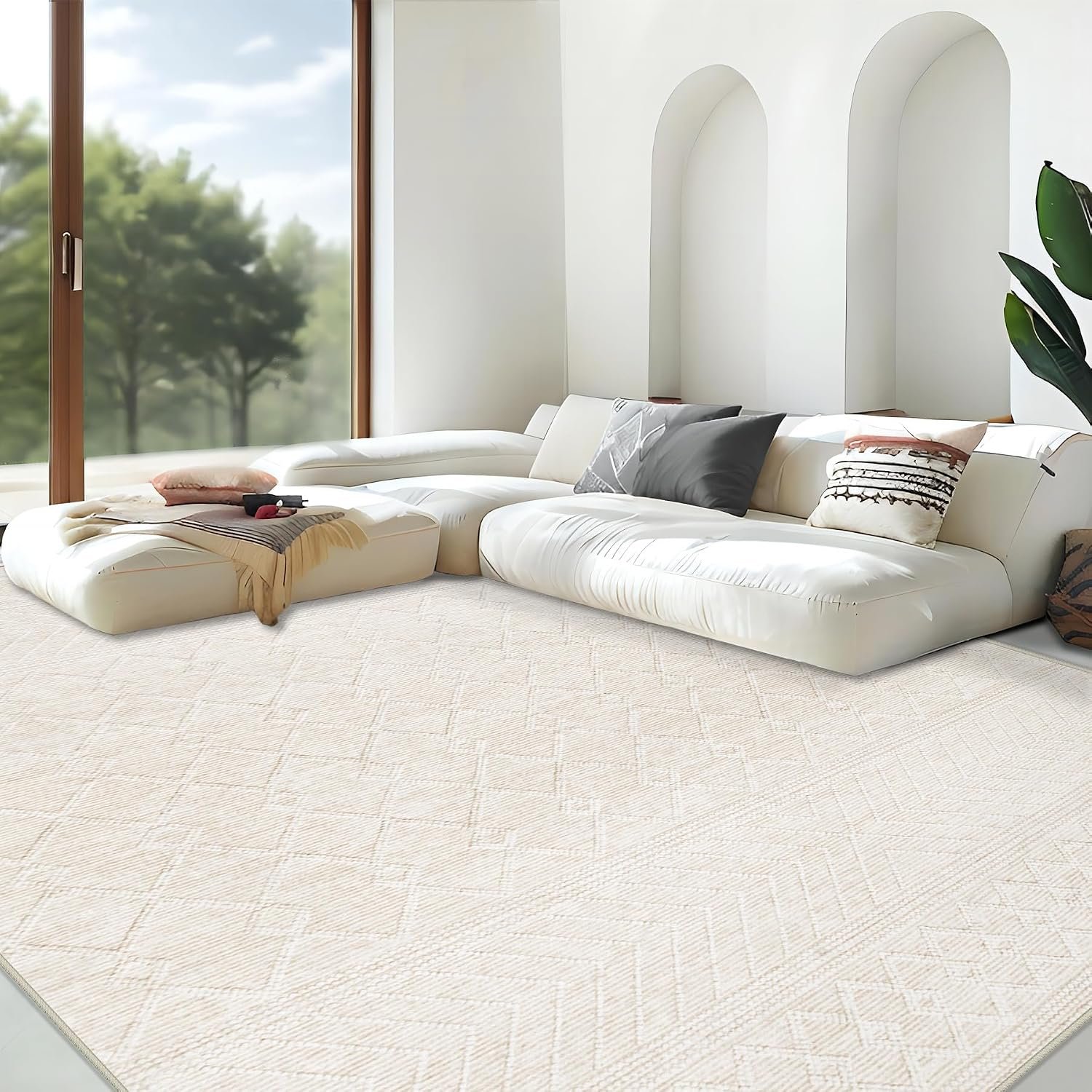 Area Rug Living Room Rugs 8×10 – Large Soft Boho Geometric Rug, Non-Slip Foldable Washable Rugs Non Shedding Morden Indoor Floor Carpet for Living Bedroom Office Dining Room(Modern Beige,8’x10′)