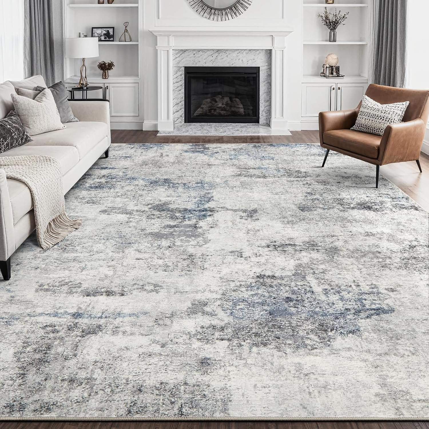 DMOYEST 8×10 Area Rug for Living Room Washable Abstract Indoor Carpet | Neutral Modern Low Pile Rugs Kid & Pet Friendly Large Soft Thin Carpet for Bedroom Dining Room – Grey Blue