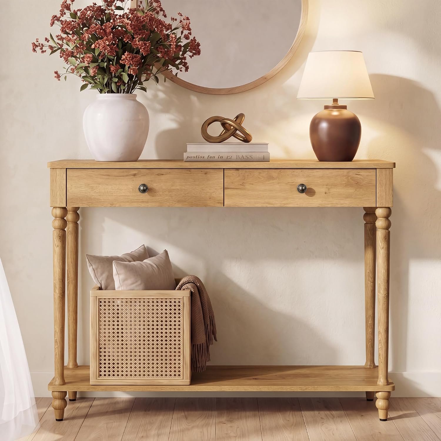 VASAGLE Mariel Collection – Console Table, Narrow Entryway Sofa Table with Drawers and Shelf, Solid Wood Legs, Mid-Century Modern, for Hallway Doorway Living Room, Natural Brown ULNT139K301S