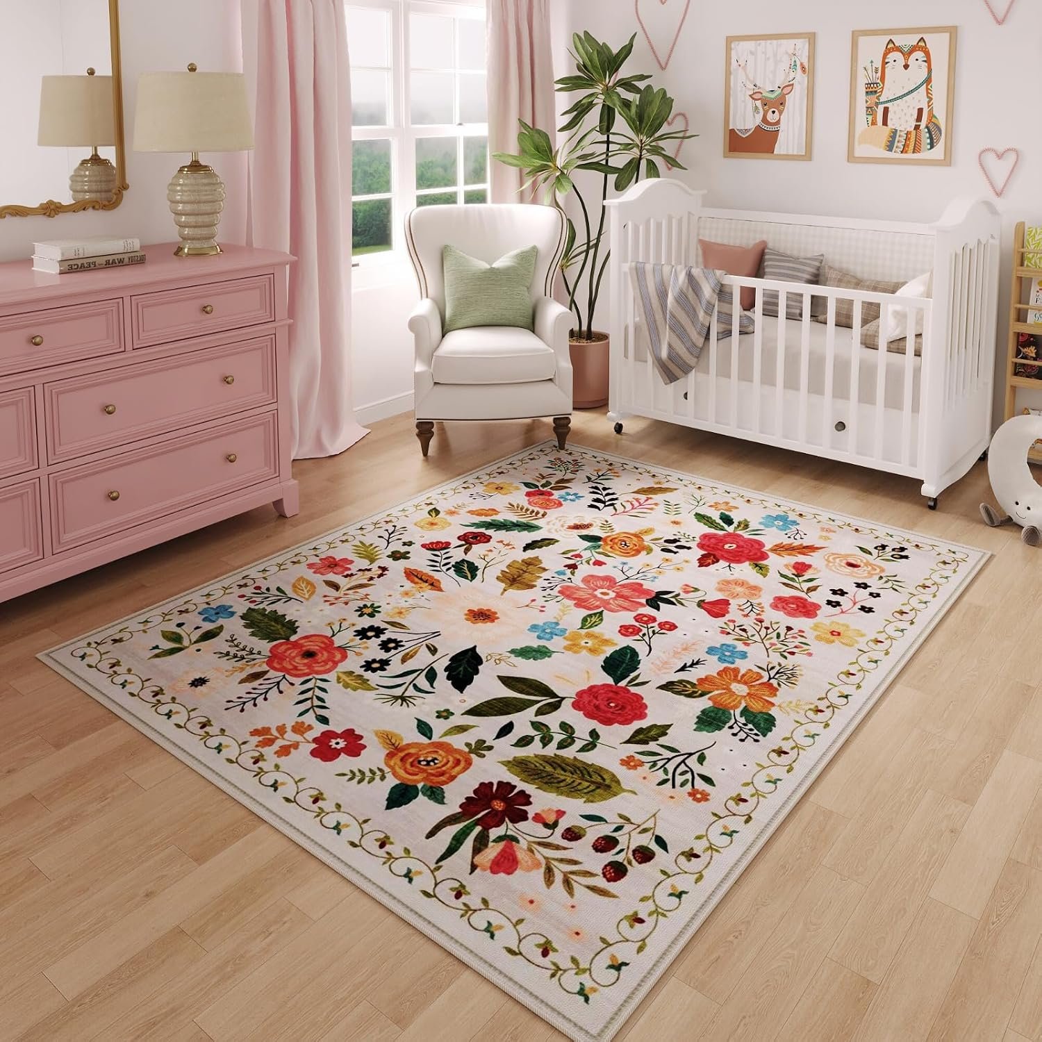 Rugcomf Area Rug 4×6 Rug Washable Boho Rugs Non Slip Low Pile Floral Small Carpet for Bedroom, Bedside, Kids Room, Office, Dining Room(Beige)