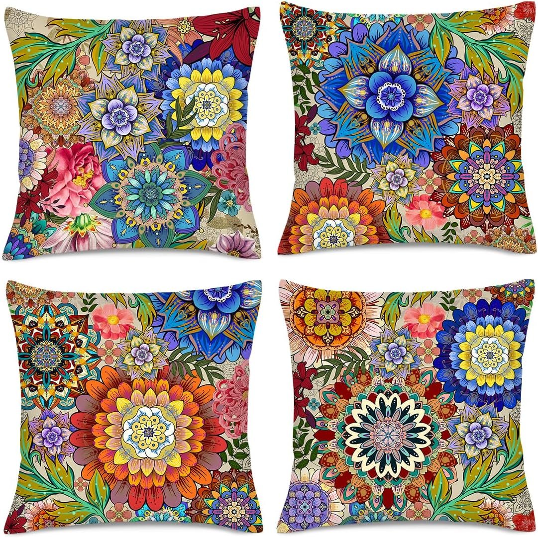 Boho Floral Throw Pillows Covers 18×18 in Colorful Flower Set of 4 | Decorative Pillow Cases for Sofa Couch Bedroom Living Room Decor Farmhouse Cushion Covers
