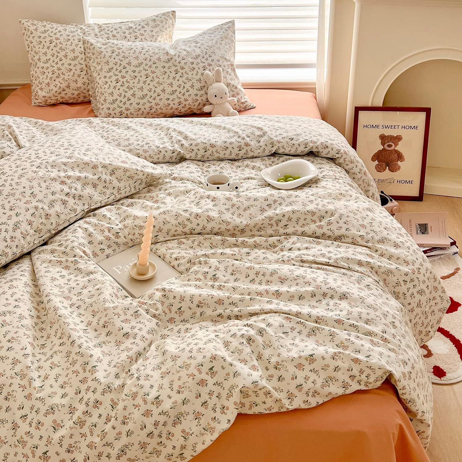 Aesthetic Floral Duvet Cover Queen Cozy Cotton Bedding Set Queen Shabby Chic Green Botanical French Style Duvet Cover Set Off White Comforter Cover with Fresh Flower Pattern, Breathable, Lightweight
