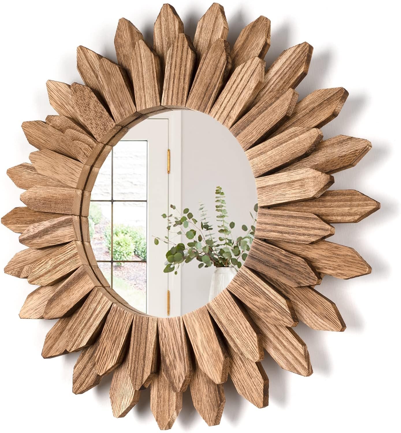 Wall Mirror Decorative 12 inch Rustic Wood Mirror Sunburst Boho Mirror for Entryway Bedroom Living Room Bathroom House Warming Gifts New Home Essential Carbonized Black