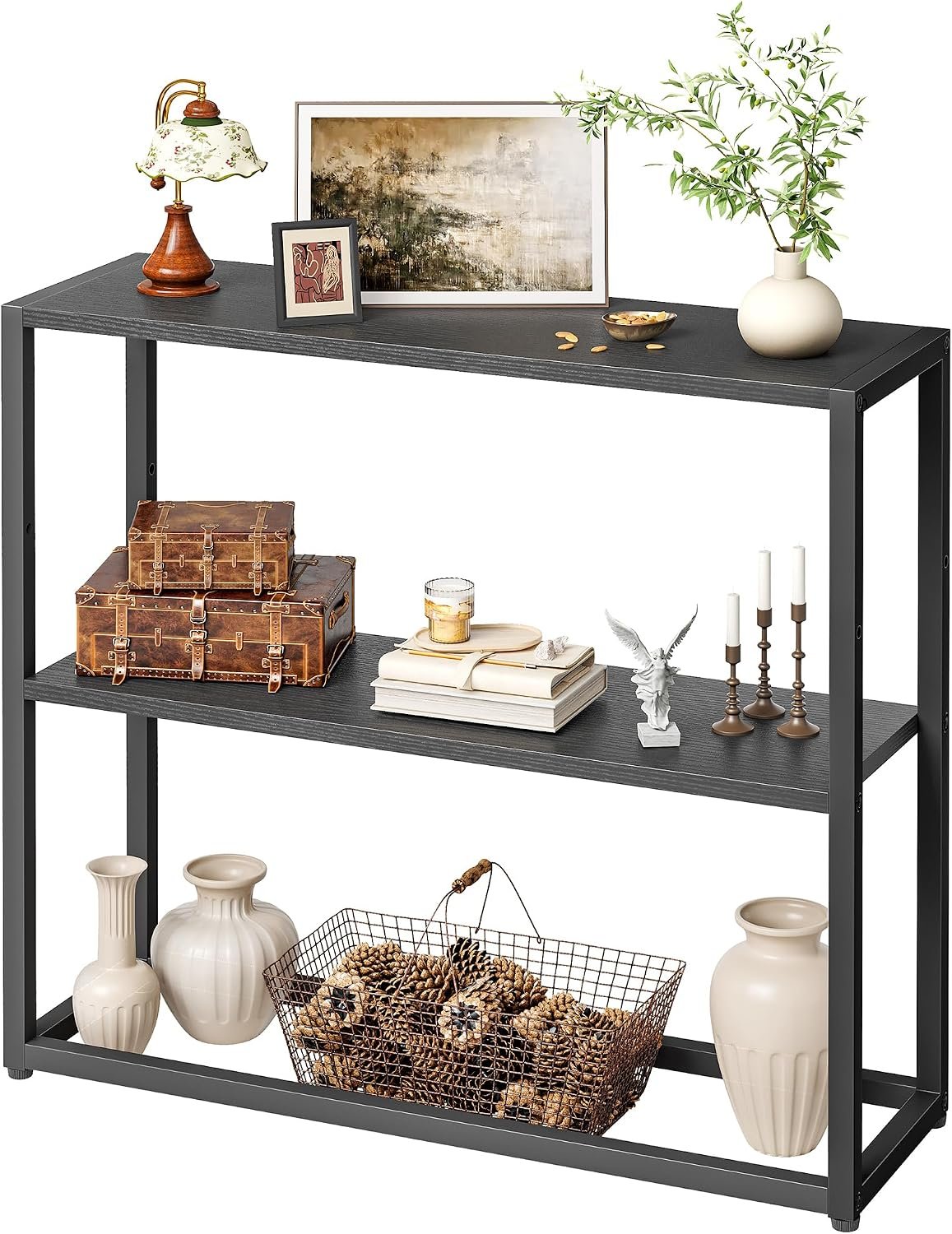 TIQLAB Small Entryway Table, 29.5″ Narrow Console Table with Shelves, Sofa Table, Couch Table, Side Table, Entry Table for Hallway, Living Room, Small Space, Black