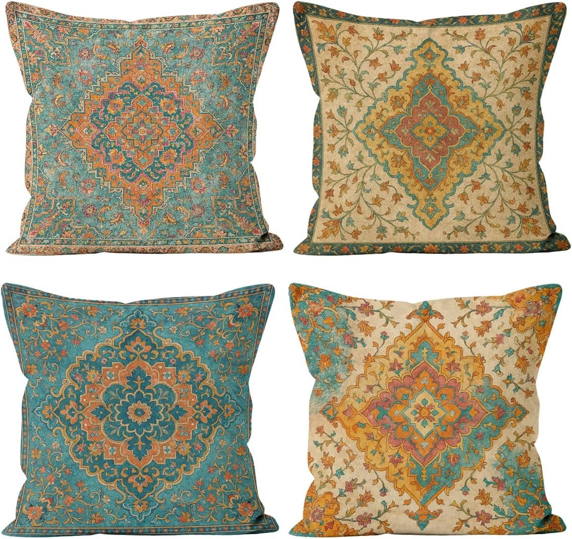 Vintage Boho Mandala Throw Pillow Covers 18×18 Set of 4, Floral Ornate Carpet Decorative Pillowcover for Couch Sofa Livingroom Outdoor Home Decor