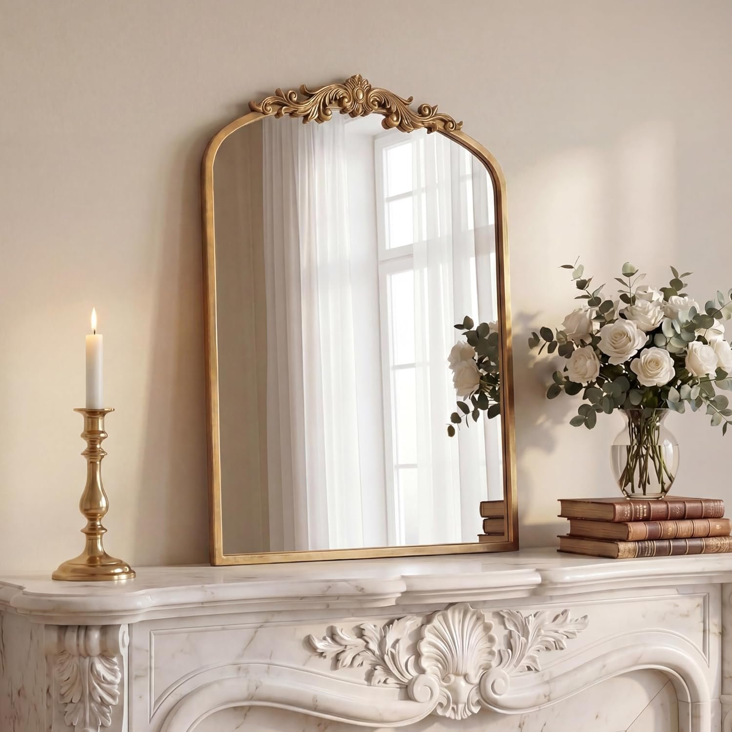 PERFNIQUE Vintage Mirror, 30″ X 19″ Gold Arched Antique Baroque Mirror | Ornate Traditional Wall Decor, Anthro Look Alike Decor for Bathroom Living Room Fireplace Entryway Mantle Hallway