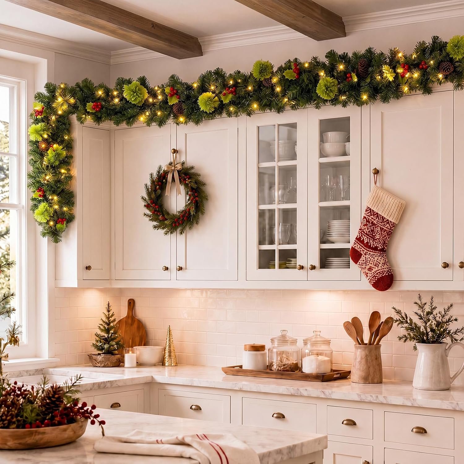 Garland for Above Kitchen Cabinets, 8.86 FT Lighted Top of Cabinet Christmas Decor with 50 Clear Lights, Pine Cones, Red Berries and Sparkle Accents for Kitchen, Mantel and Shelf
