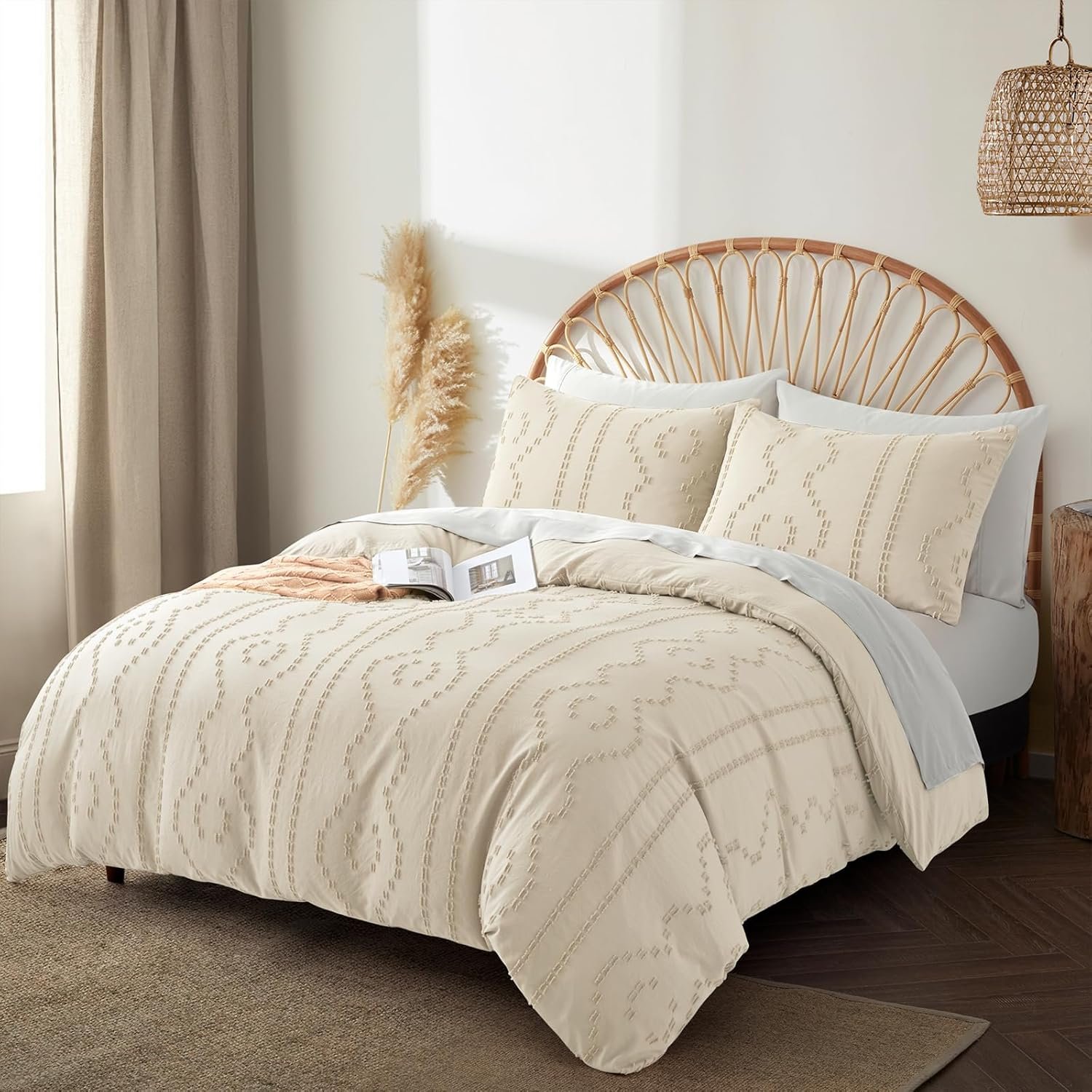 Duvet Cover Queen, 3PCS Beige Boho Duvet Cover Set, Geometric Pattern Tufted Bohemian Comforter Cover Jacquard Knit Textured Bedding Set with Zipper Closure