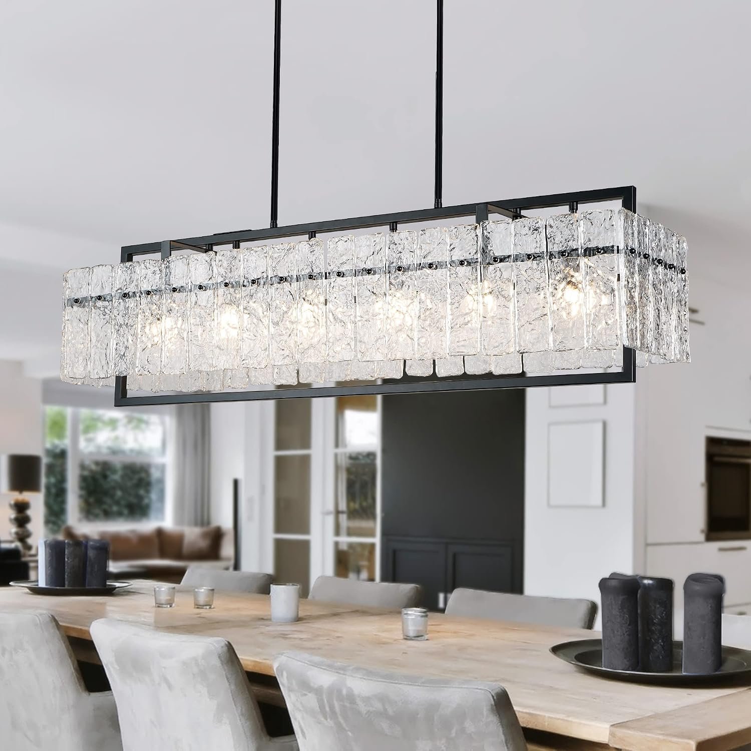 IKK Modern Rectangle Black Crystal Chandeliers for Dining Room, 42″ Large Rectangular Water Ripple Glass Island Light Fixture, Linear Farmhouse Lighting for Kitchen Island, Living Room, L42xW11xH12