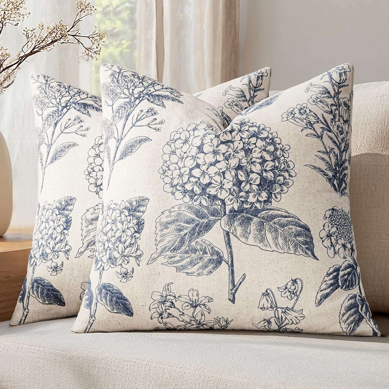 Set of 2 Decorative Floral Pillow Covers 18×18 Inch Light Blue | Neutral Hydrangea Print, Boho Vintage Throw Cushion Covers, Cottagecore Home Decor, for Sofa Couch Porch Bedroom Living Room