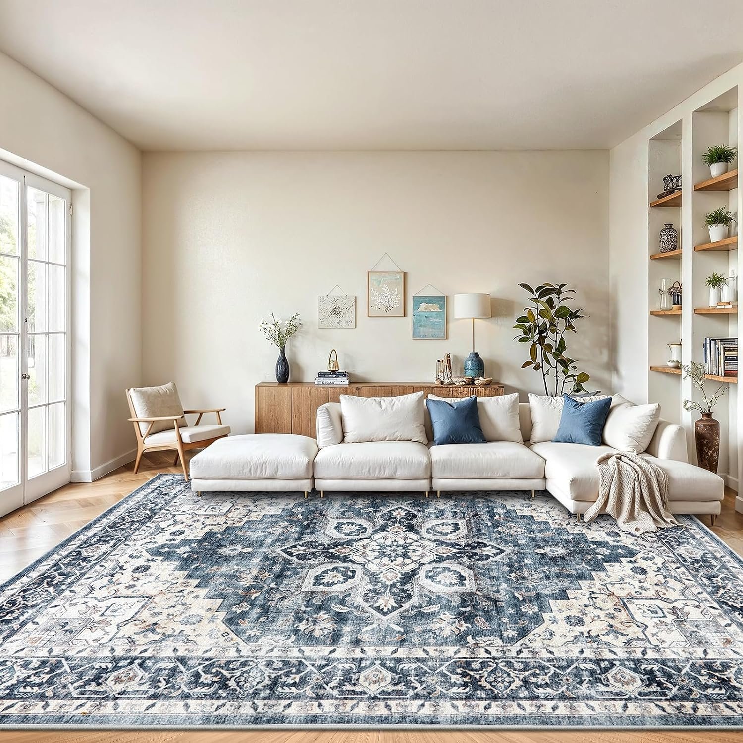 AMADA HOMEFURNISHING 8×10 Washable Area Rug, Low-Profile with Non-Slip Backing & Durable Edge Binding, Vintage Large Rugs for Living Room, Bedroom, Dining Room, Blue