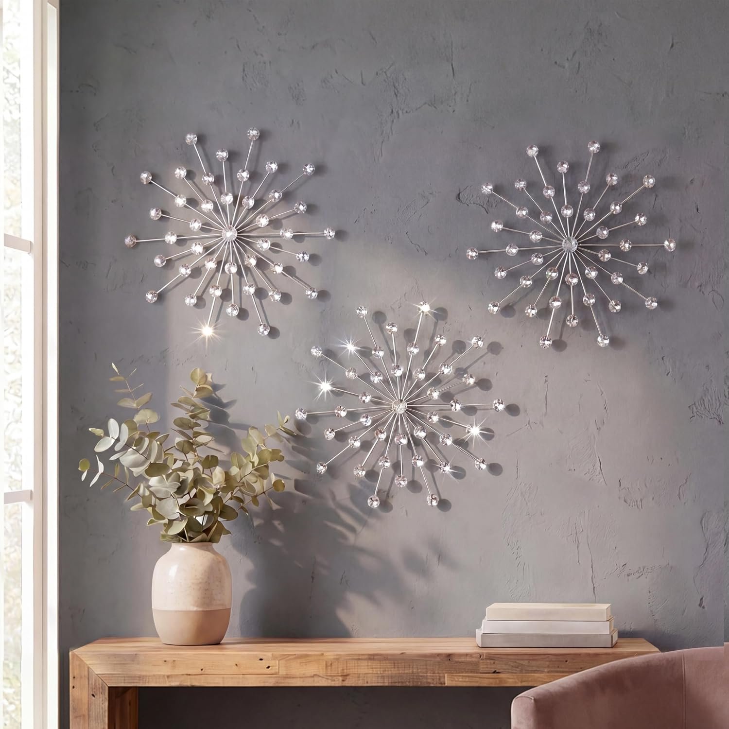 ZEXUIRU 3 Set Silver Starburst Wall Art for Home Decor Metal Bling Crystal Rhinestones Sunburst Wall Decor Sparkling Rhinestone Art Accent Silver – 13in