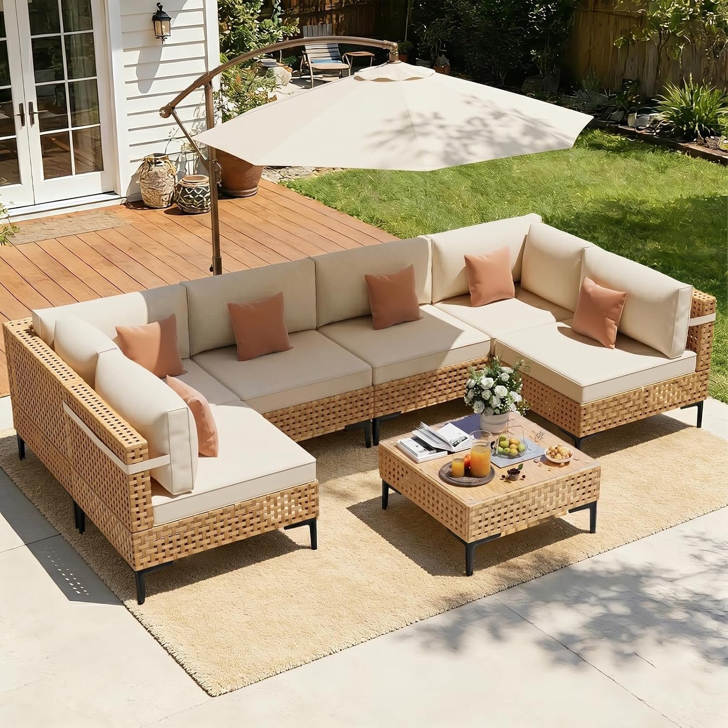 7-Pieces Patio Furniture Set with Non-Slip Cushions & Coffee Table | 6 Seats All Weather Wicker Outdoor Sectional Furniture Set,Thick Cushion Patio Sectional Set for Porch,Lawn,Garden,Beige