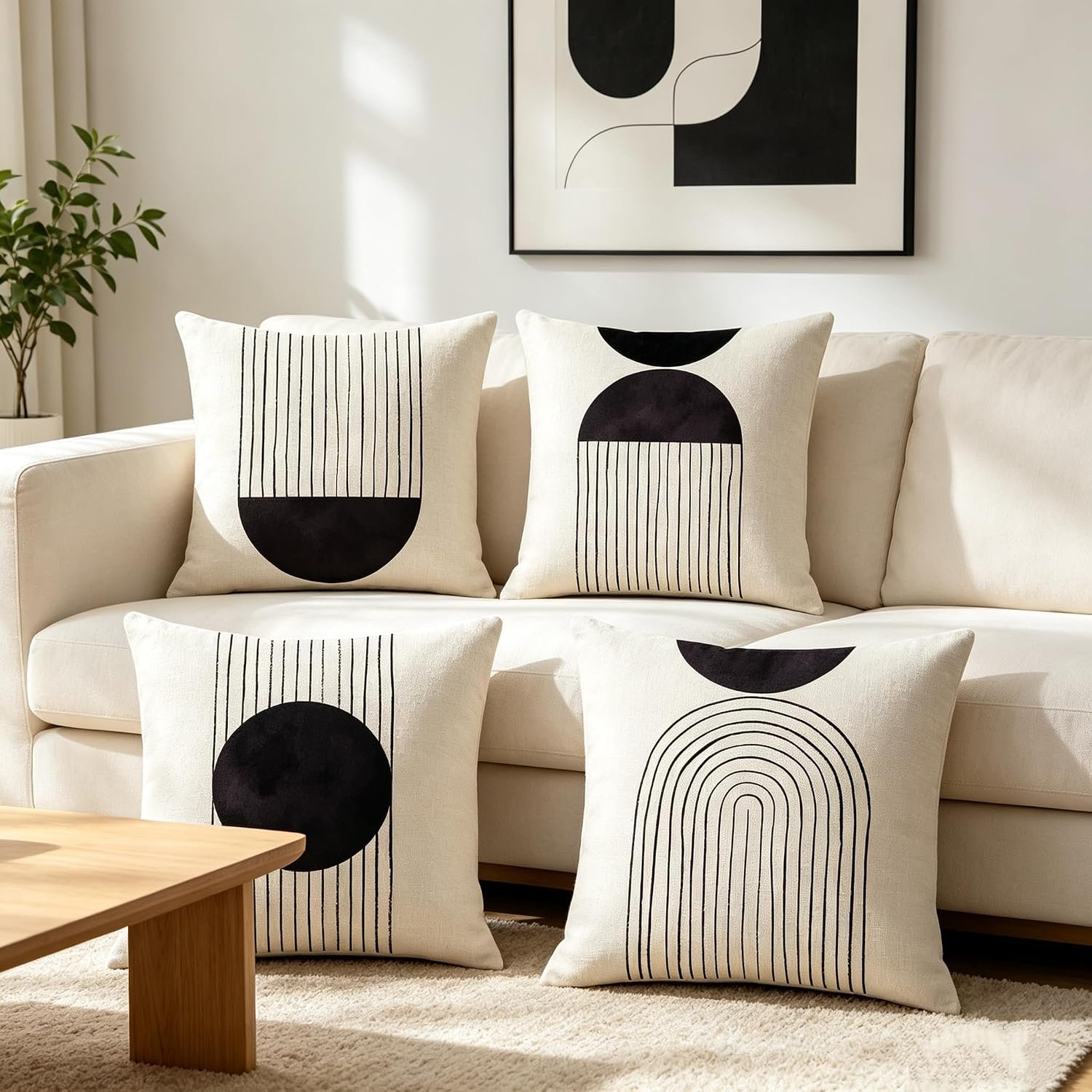 IcosaMro Black and White Throw Pillow Covers 18×18 Set of 4 Boho Throw Pillow Cover Beige Mid Century Modern Arch Sun Decor Decorative Bohemian Cotton Linen Cushion Case
