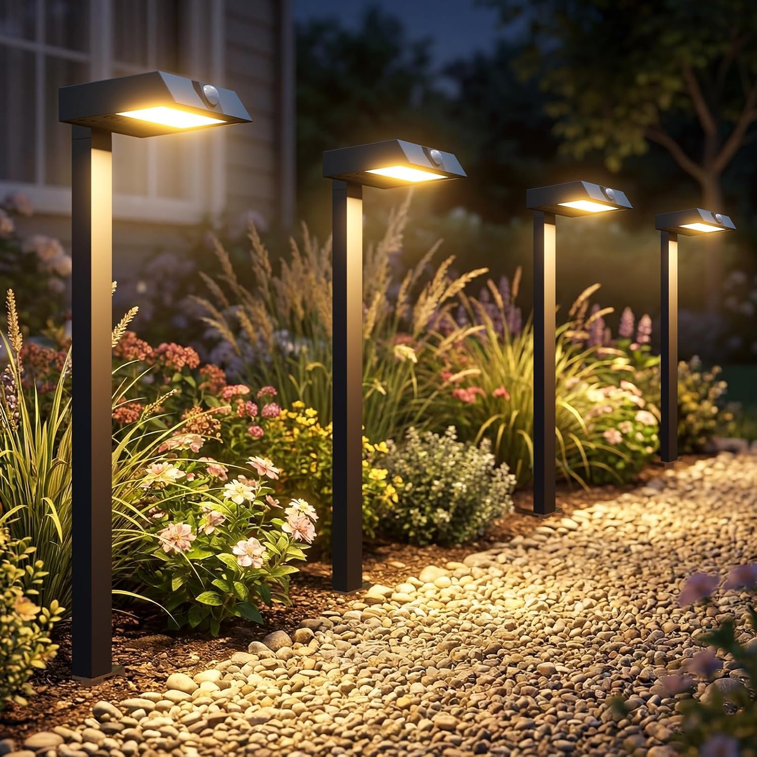 XMCOSY+ Solar Pathway Lights with Motion Sensor 6 Pack, 300LM Solar Lights | IP65 waterprppf, 3 modes landscape lighting for garden, backyard, outside, path, all-metal housing (warm/cool white)