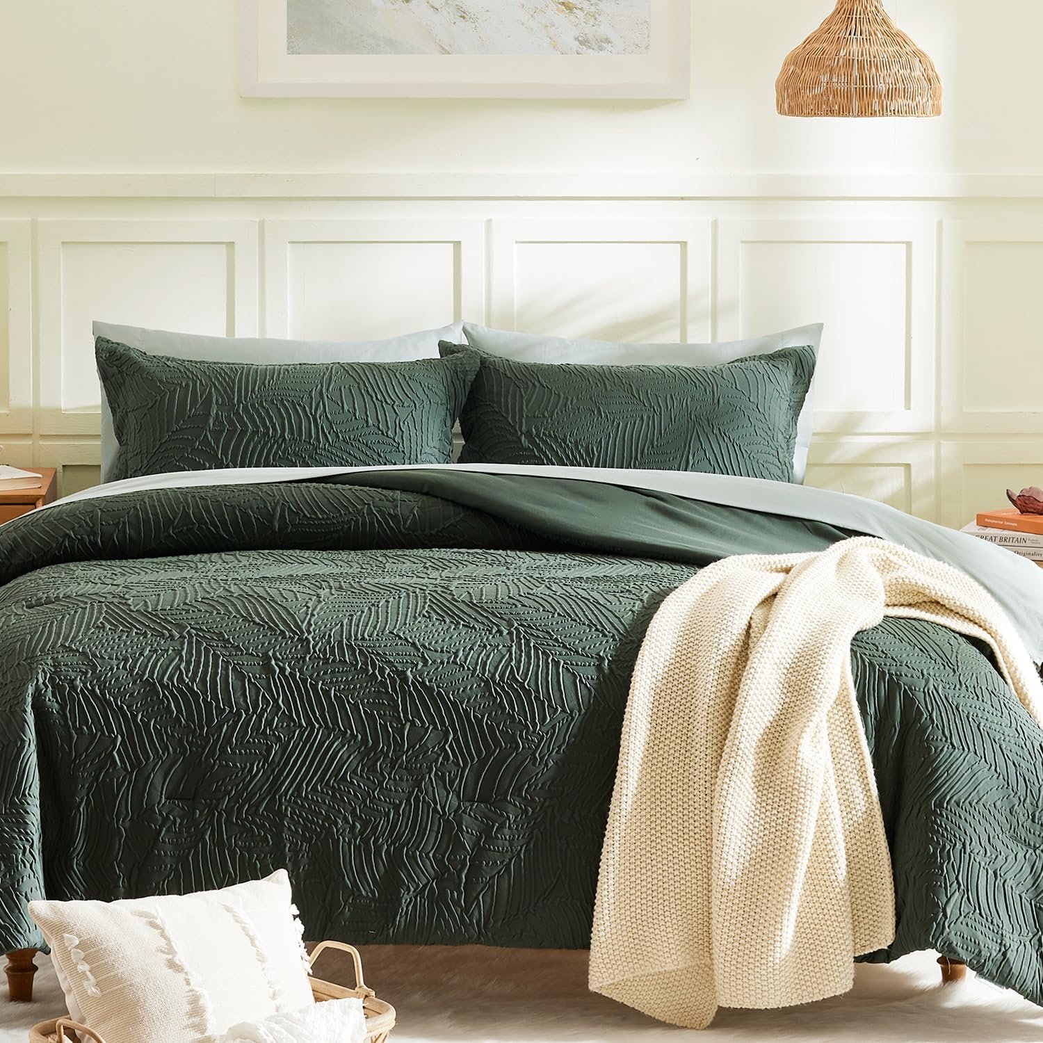 Queen Comforter Set – 7 Pieces Dark Green Bed in a Bag Queen Bedding Sets | All Season Botanical Textured Comforter Bed set with Sheets, Pillowcases & Shams