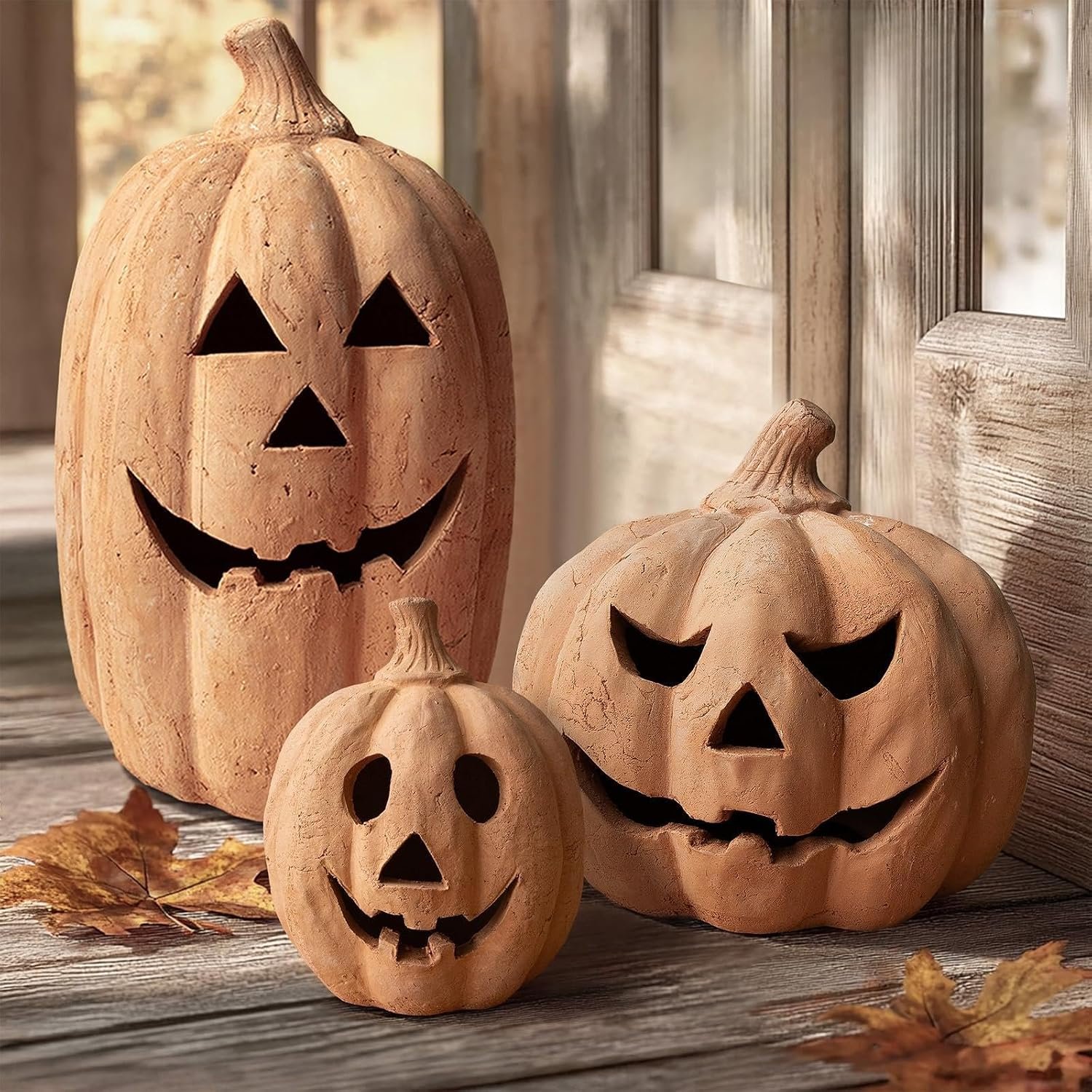 Fall Decor – Handmade Terracotta Pumpkin Jack O’ Lantern Outdoor Indoor | 7.5″H Farmhouse Autumn Festival Decoration, Halloween Decorations, Rustic Table Decor, For Porch Front Door Mantel Room