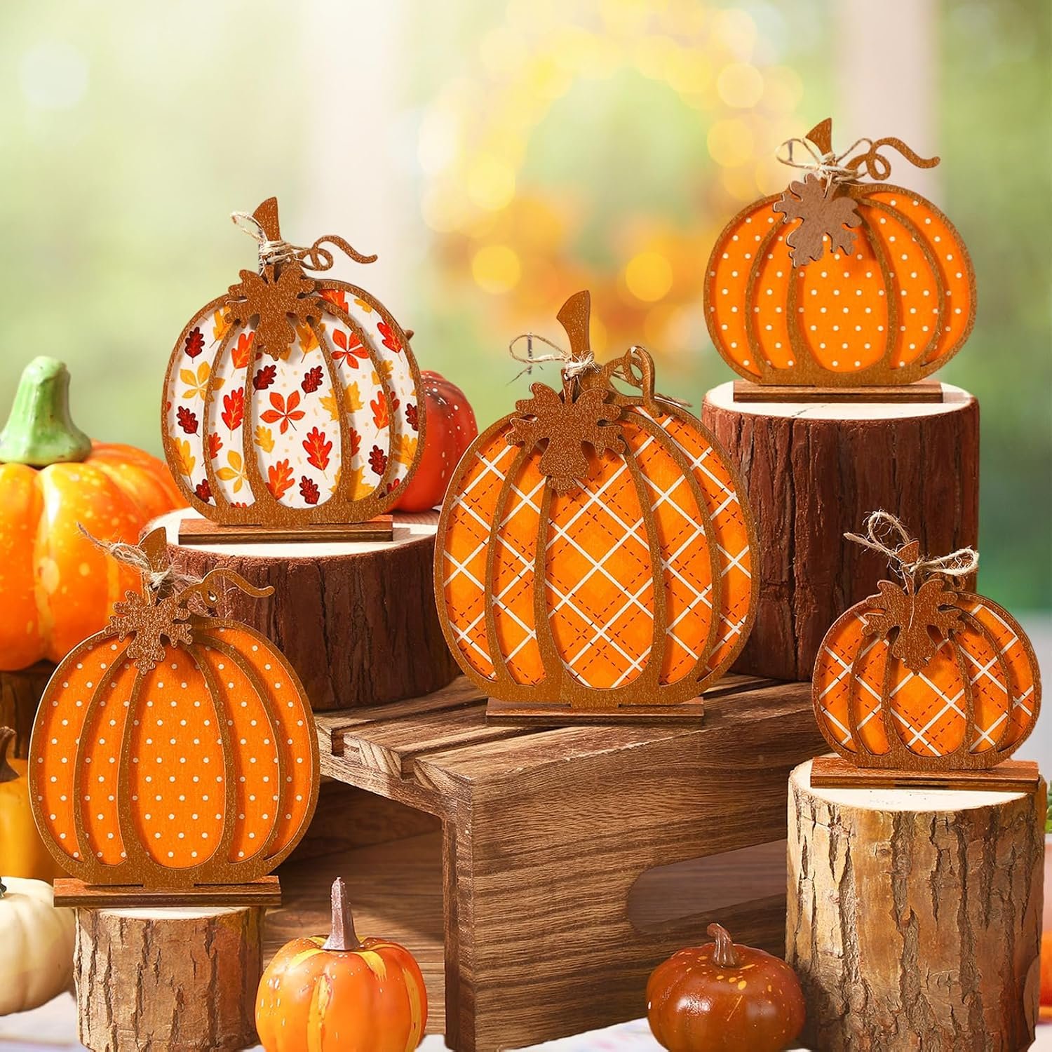 Ferraycle 5 Pieces Thanksgiving Pumpkin Decor Fall Table Wooden Sign Pumpkin Centerpiece Thanksgiving Tiered Tray Decor for Home Harvest Party Supplies