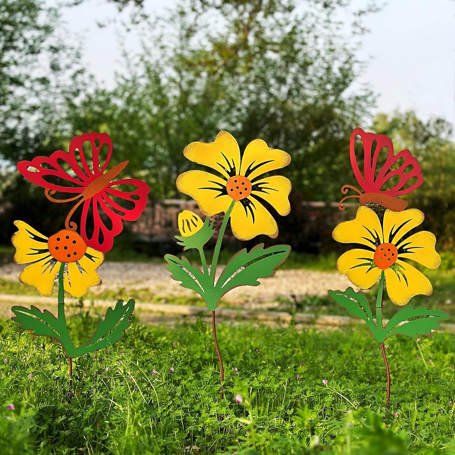 3-Pack Metal Flowers for Outside, 30-Inch Metal Yard Art | Decorative garden stakes with flower and butterfly designs; butterfly yard stakes for porches, backyards, patios, and lawns