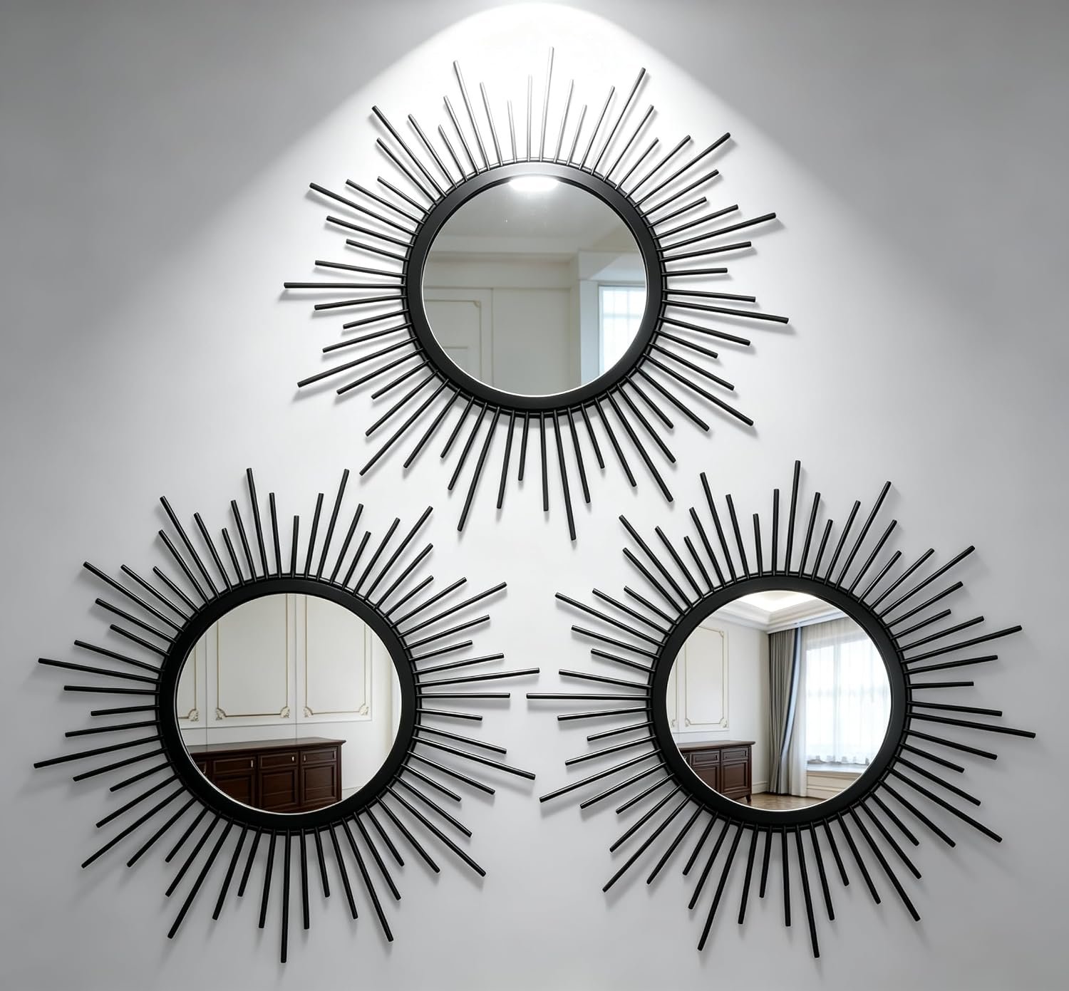 Black Sunburst Mirror Set of 3, 3PCS Metal Round Decorative Wall Mirrors, Starburst Accent Mirror Wall Decor for Living Room, Entryway, Bedroom & Hallway