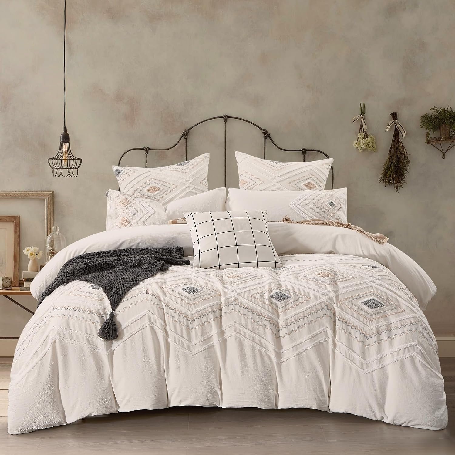 No-Shed Breathable Tufted Cotton Boho Duvet Cover King Set 104×90” | Off White Face fabric: Linen Textured Cotton With Linen Feel , Reverse Fabric : 100% Premium Plain Cotton