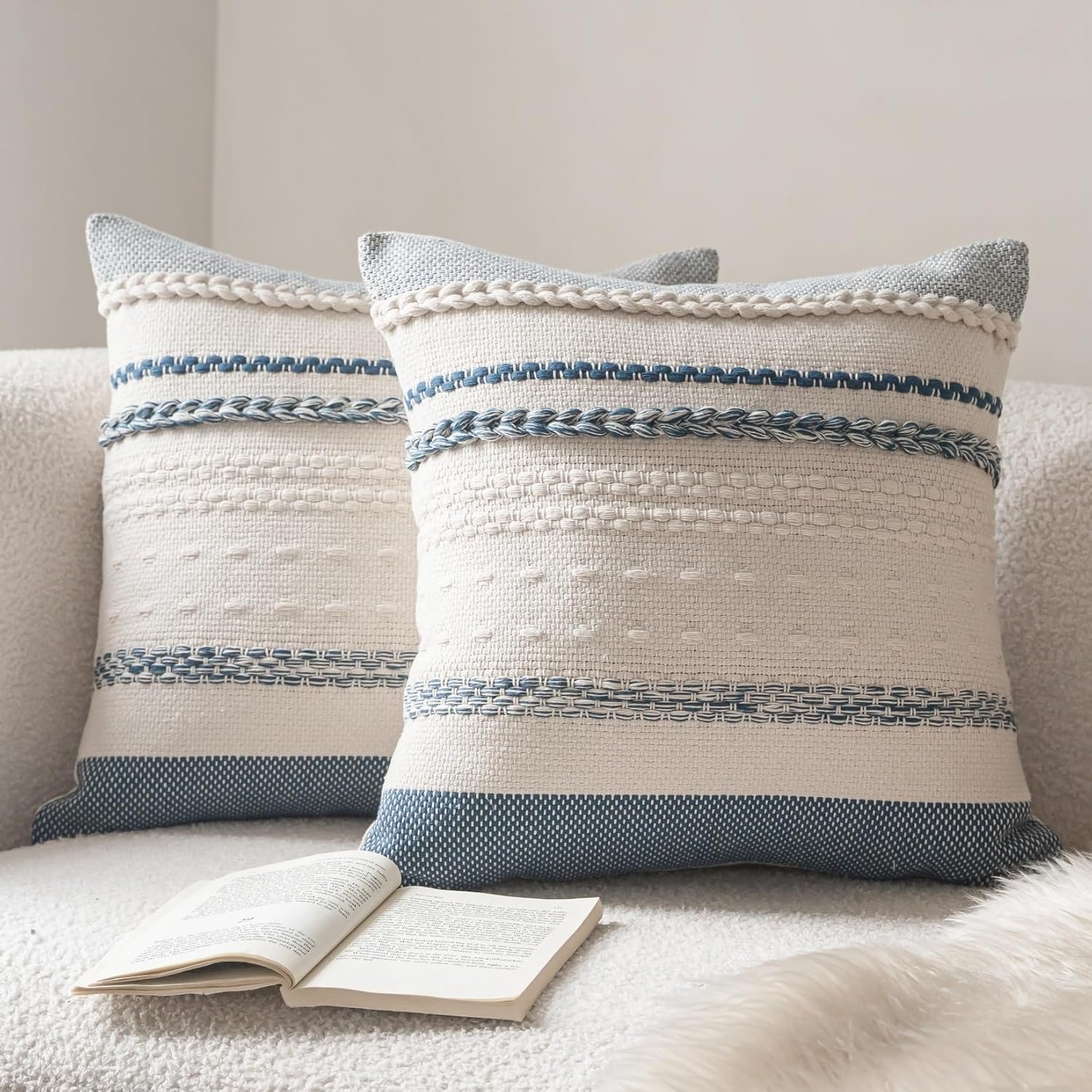 Cethom Boho Throw Pillow Covers 20×20 Inch Set of 2, Blue Textured Decorative Couch Pillow Cases for Farmhouse Home Decor, Accent Cushion Cover for Sofa, Bed, Living Room, Bedroom