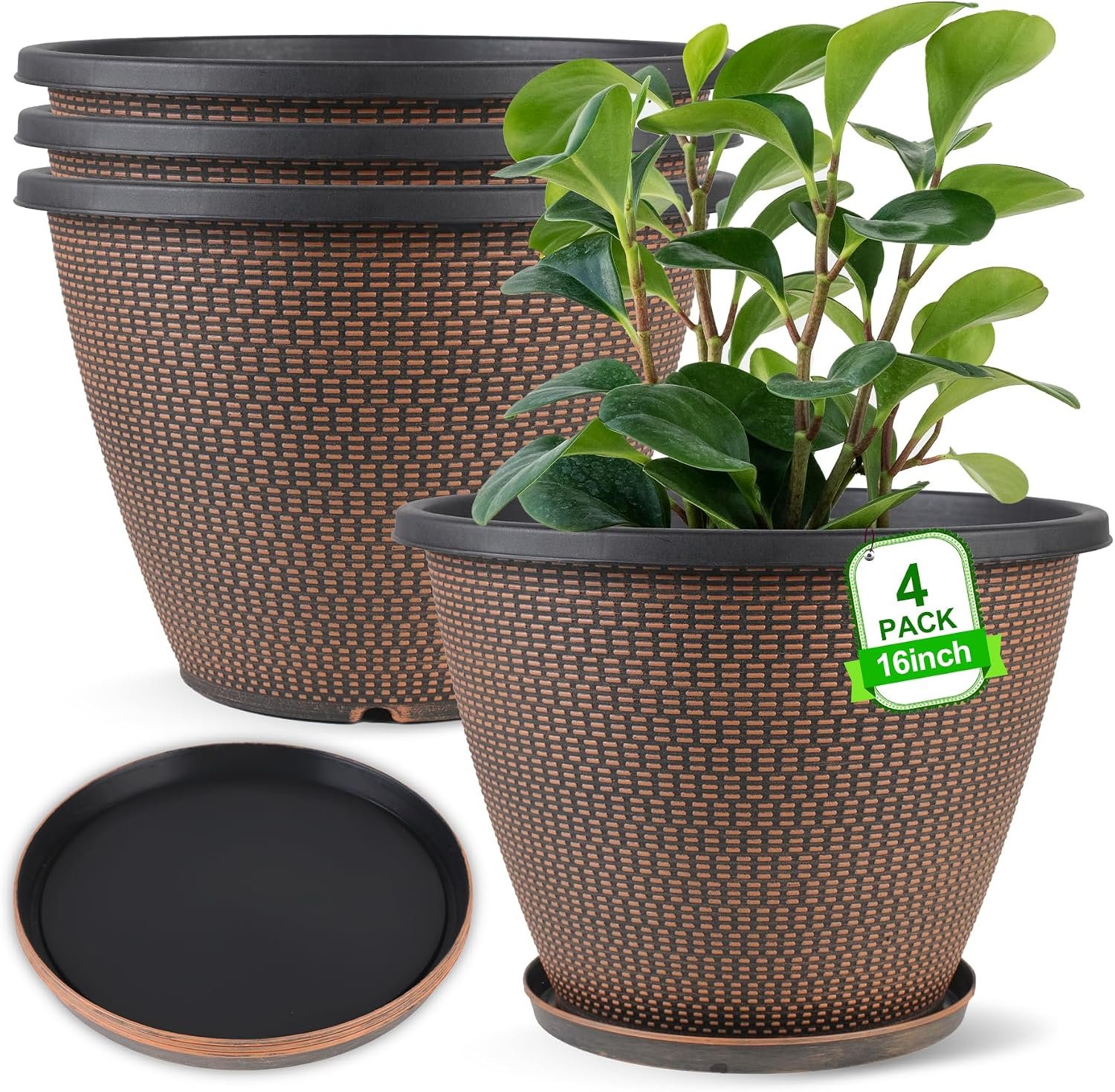 4 Pack 16 inch Plant Pots, Modern Large Planters for Outdoor Plants | Round Plastic Flower Pots with Drainage Holes & Trays, Decorative Indoor Garden Pot, Plant Container for House (Black Copper)