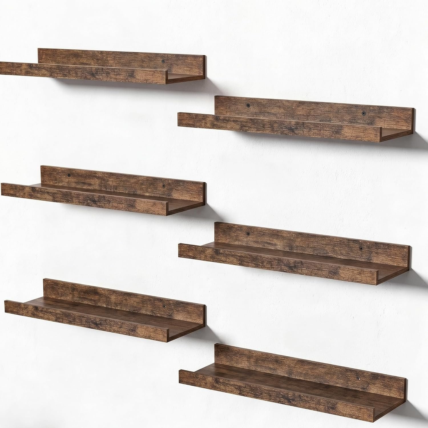 upsimples Floating Shelves for Wall Decor and Storage, Brown, 6Pcs 15.7” | Wall Mounted Wood Shelves for Living Room, Bedroom, Bathroom, Kitchen, Office, Laundry Room Display and Organize