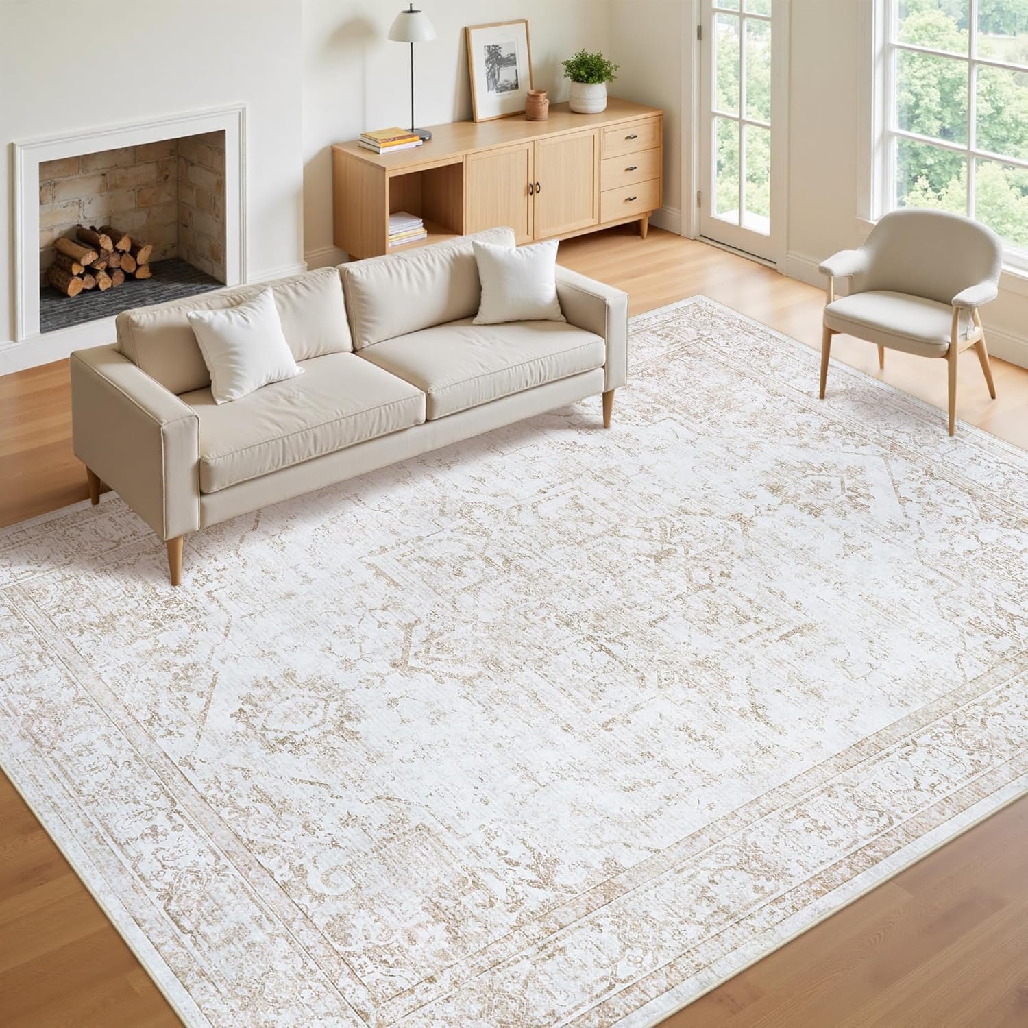 8×10 Area Rugs for Living Room Washable Non-Slip Rug Beige | Vintage Medallion Rug，Soft Low Pile Large Rugs，Indoor Retro Carpet for Bedroom Nursery Dining Table Farmhouse Home Office