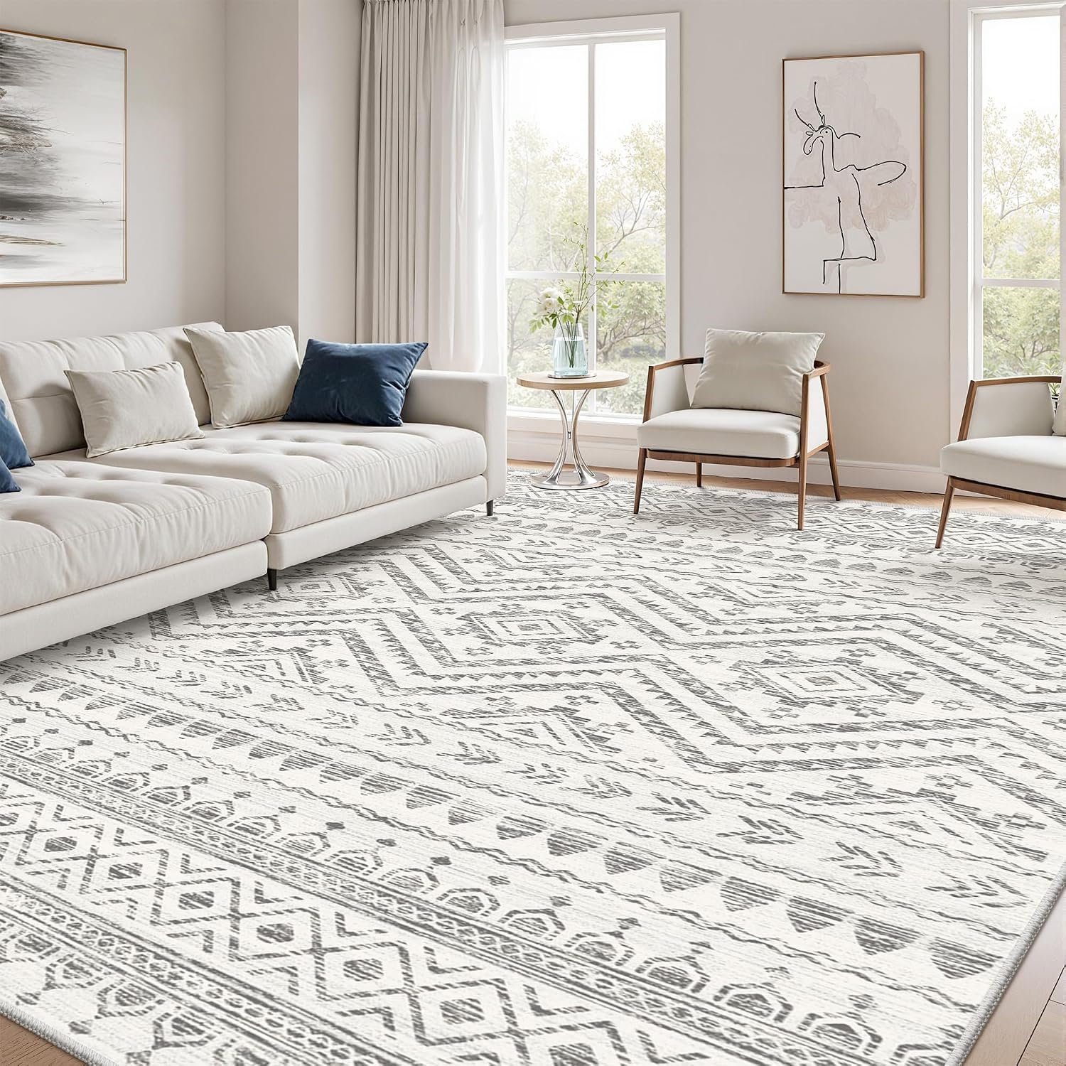 Miukiki 8×10 Area Rug for Living Room, Washable Soft Non Slip Rug Grey | Moroccan Large Indoor Rug for Kitchen Bedroom Dining Room Office, Low Pile Soft Floor Carpet Home Decor 8’x10′