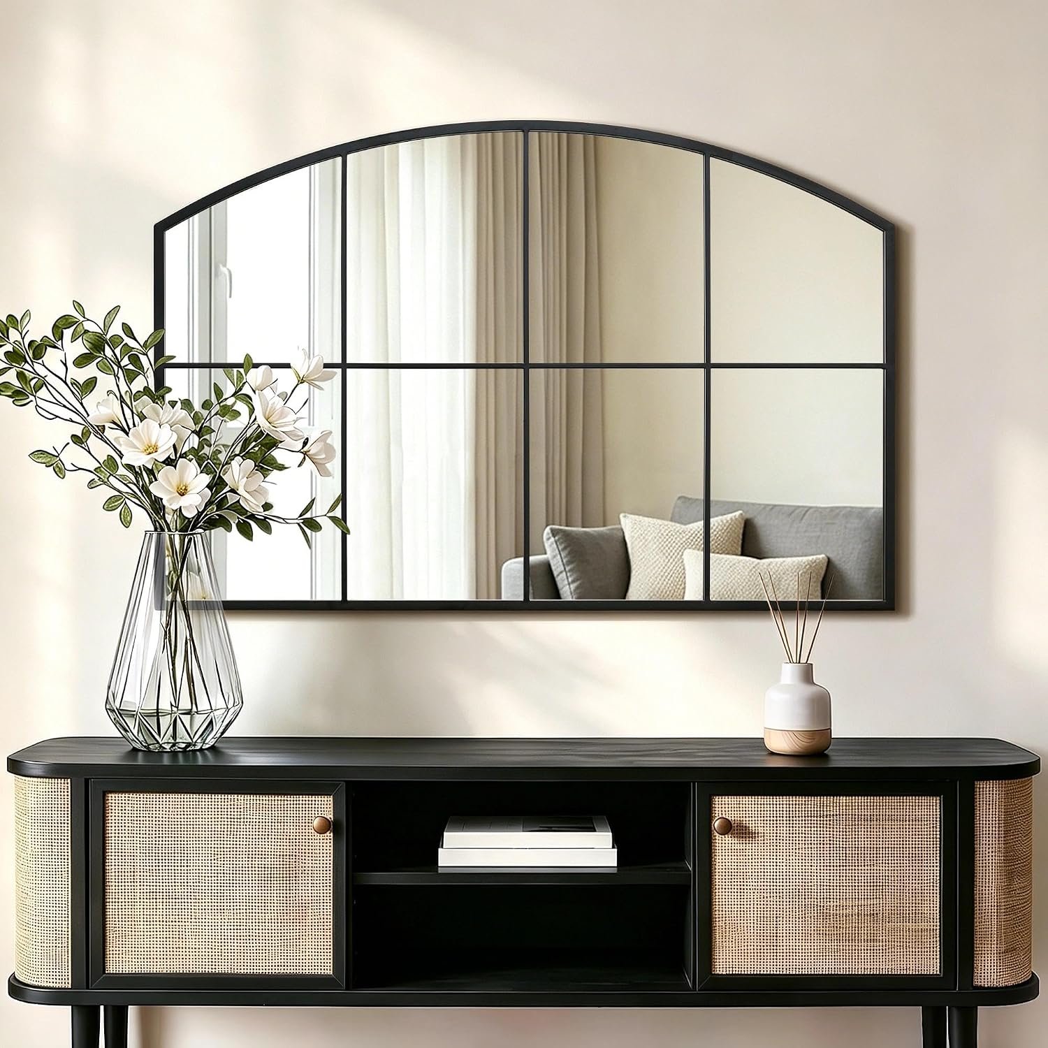 Besdomus Large Black Arched Mirror: 42″x28″ Wide Arched Window Mirror | Farmhouse Classic Decorative for Entryway/Dining Room/Fireplace/Hallway – Ideal for Home Decor Refresh
