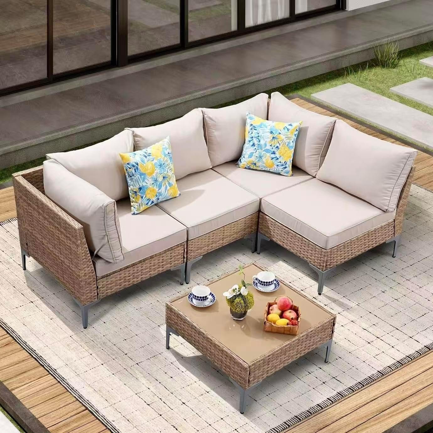5 Piece Wicker Patio Furniture Set,Outdoor Conversation Sectional Sofa w/Coffee Table,All-Weather Outdoor Sofa with Thick and Anti-Slip Cushions for Deck,Poolside,Garden,Beige