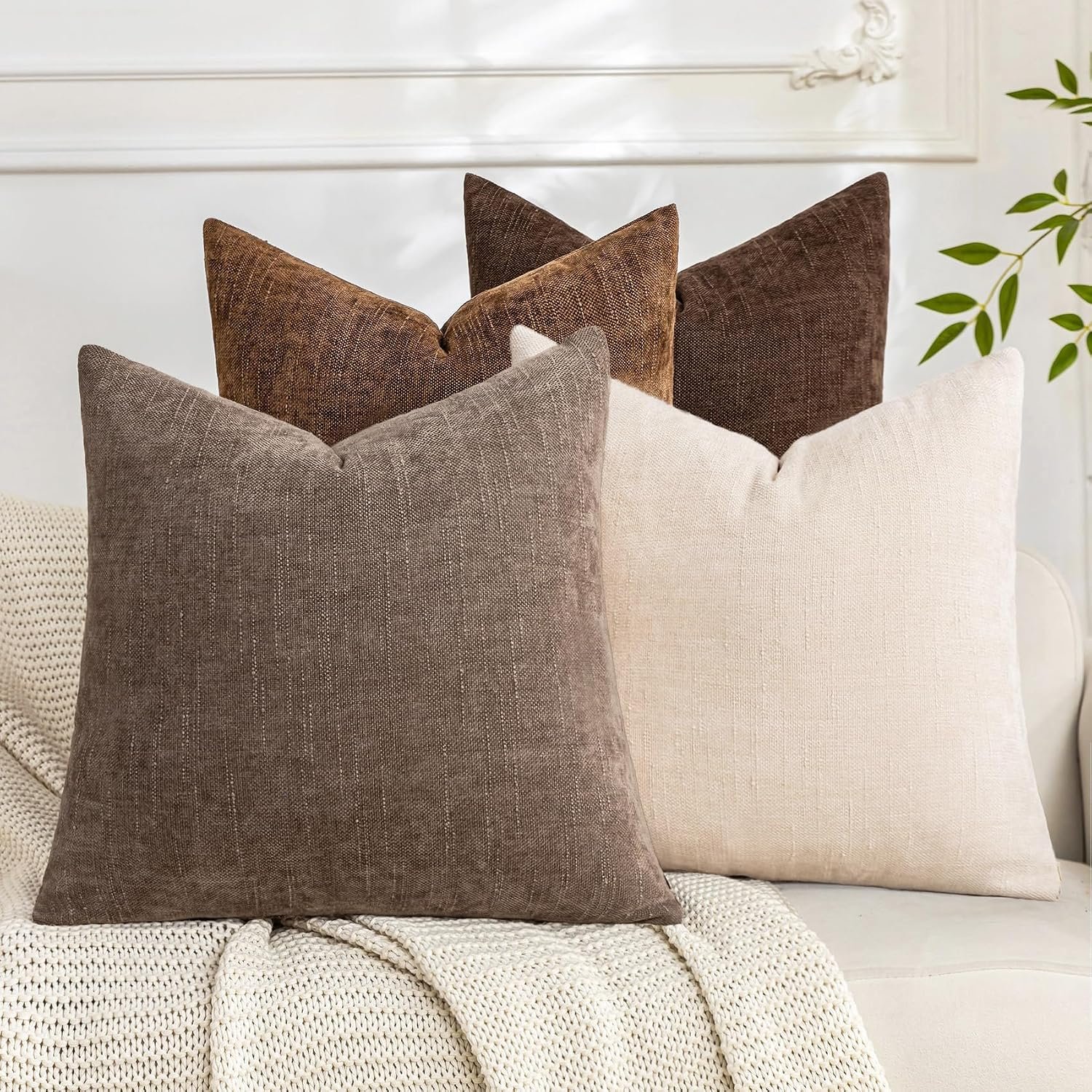 Set of 4 Soft Textured Throw Pillow Covers 18×18 Inch Cozy Decorative Farmhouse Cushion Cover Square Accent Pillow Cases for Bed Couch Sofa Living Room, Beige Taupe Brown