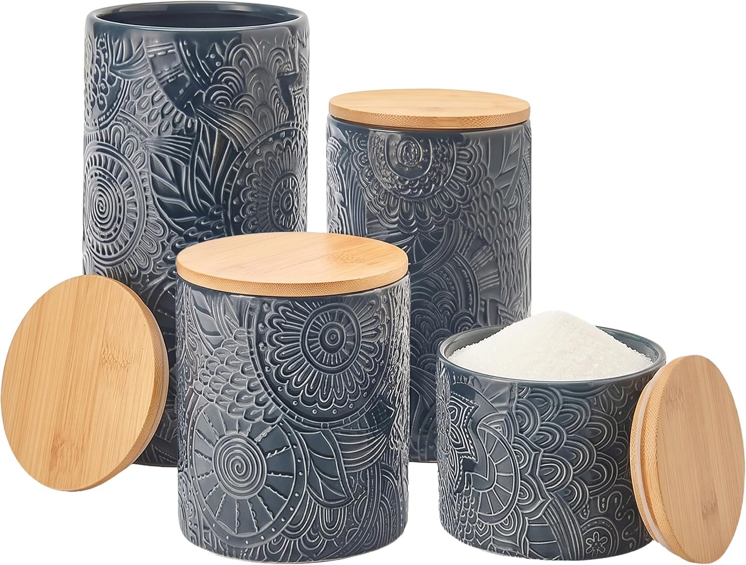 American Atelier Embossed Canister 4-Piece Ceramic Set Jar Container with Wooden Lids for Cookies, Candy, Coffee, Flour, Sugar, Rice, Pasta, Cereal & More | Kitchen Countertop
