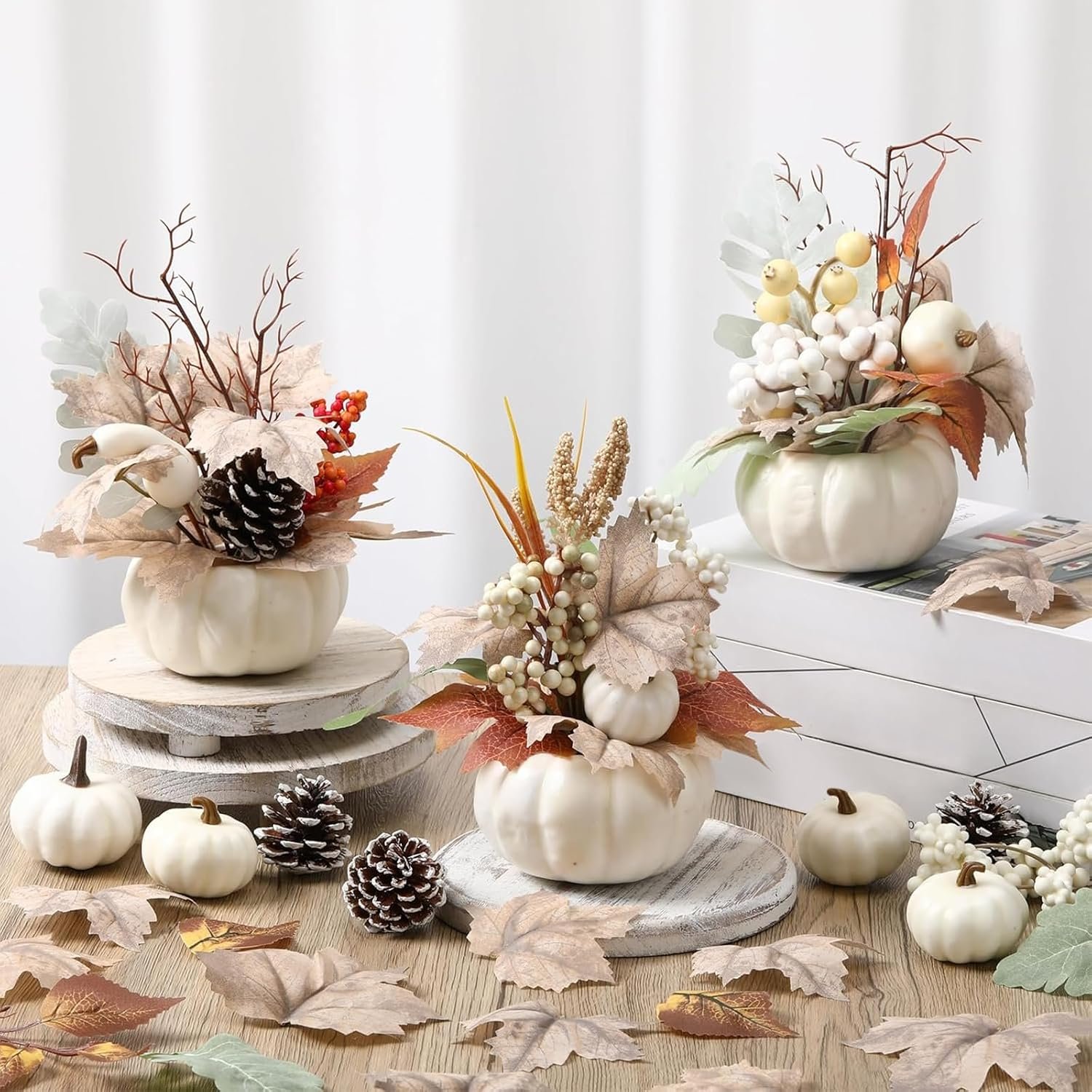 Wavwavw 3 Pcs 9 Inch Fall Artificial Pumpkins Fake Pumpkin Centerpiece Decor Cozy Maple Leaves Styles Farmhouse Neutral Fall Decor Autumn Rustic Thanksgiving Decoration for Home(White)