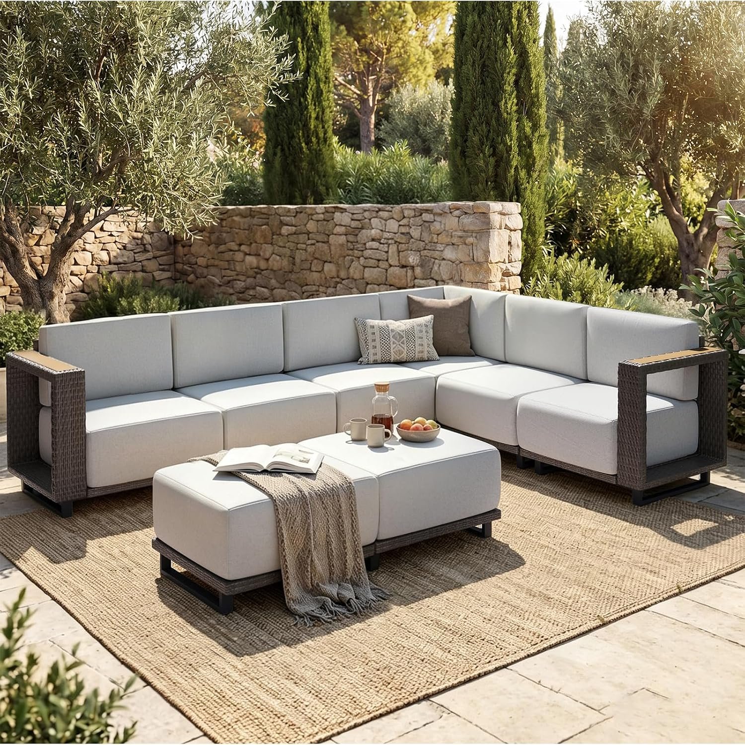 LazySunsets Patio Furniture Set, 8 Pieces Wicker Outdoor Sectional Sofa with 10” Ultra-Thick Cushions & Ottomans, All-Weather Rattan Conversation Set for Backyard Poolside, Brown/Light Gray
