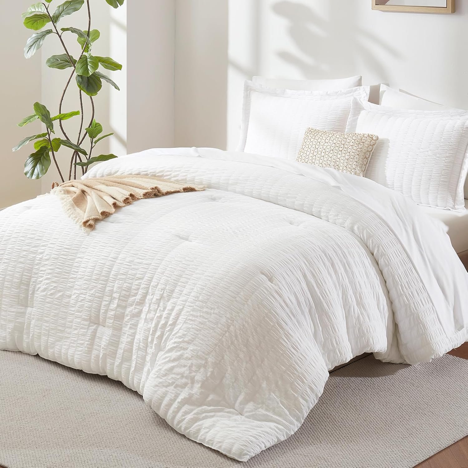 Queen Comforter Set, 7 Pieces White Seersucker Bed in a Bag | OEKO-TEX Certified, All Season Bedding Set with 240 GSM Down Alternative Comforter, Flat & Fitted Sheets, Pillowcases & Shams