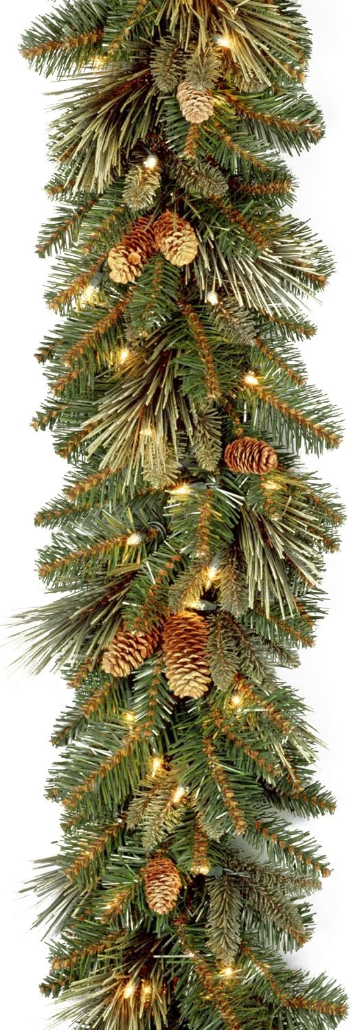 National Tree Company 9ft Pre-Lit Carolina Pine Christmas Garland | 100 Warm White LED Lights, 240 Tips, Artificial Christmas Decoration With Pinecones, Timer, Green