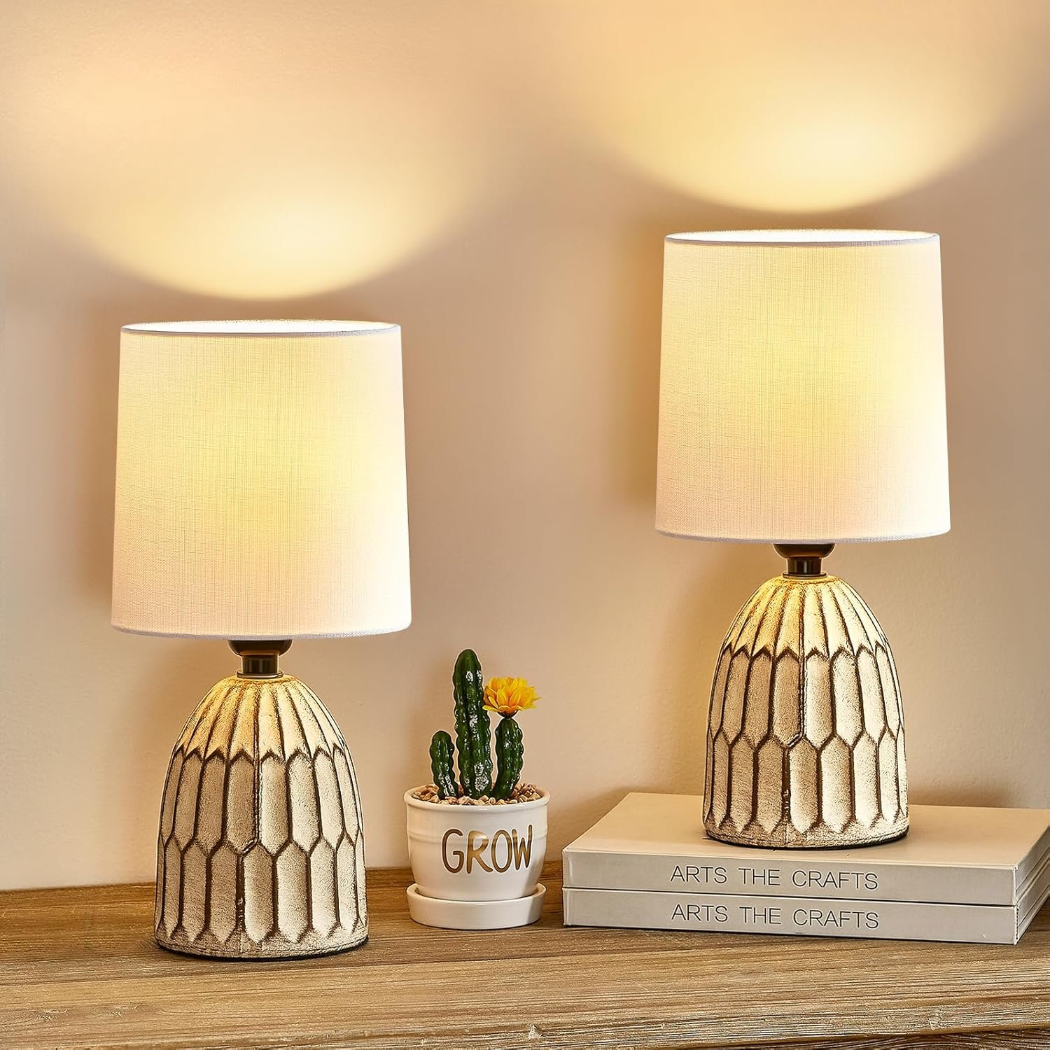 EJIAXIN Table Lamps Set of 2-13.5″ Small Boho Lamp – Bedside Lamps – Farmhouse Rustic Ceramic Table Lamp for Bedroom, Living Room, Nightstand, Office, Side Desk Lamp, End Table Lamp