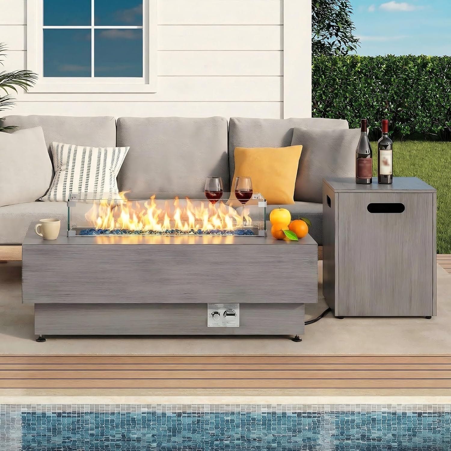 IRONCK 43-inch Outdoor Propane Fire Pit Table w Tank Table, Vintage Gray | CSA Certified, 2 in 1 Rectangular Patio Fire Pit with Glass Rocks, Wind Guard and Cover, 50000 BTU Outside Heater for Pool