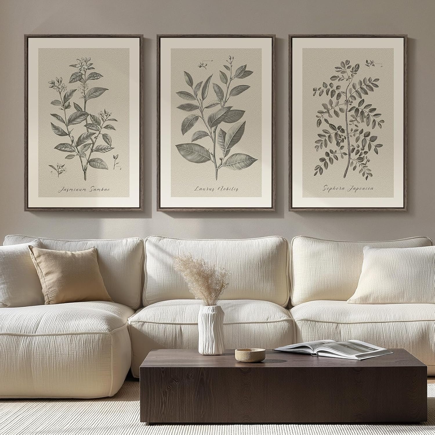 Large Framed Botanical Wall Art for Living Room, 3 Piece Neutral Plant Canvas Painting Prints Artwork for Farmhouse Walls, Vintage Floral Pictures for Bedroom Kitchen Hallway Wall Decor, 20×30 Inch