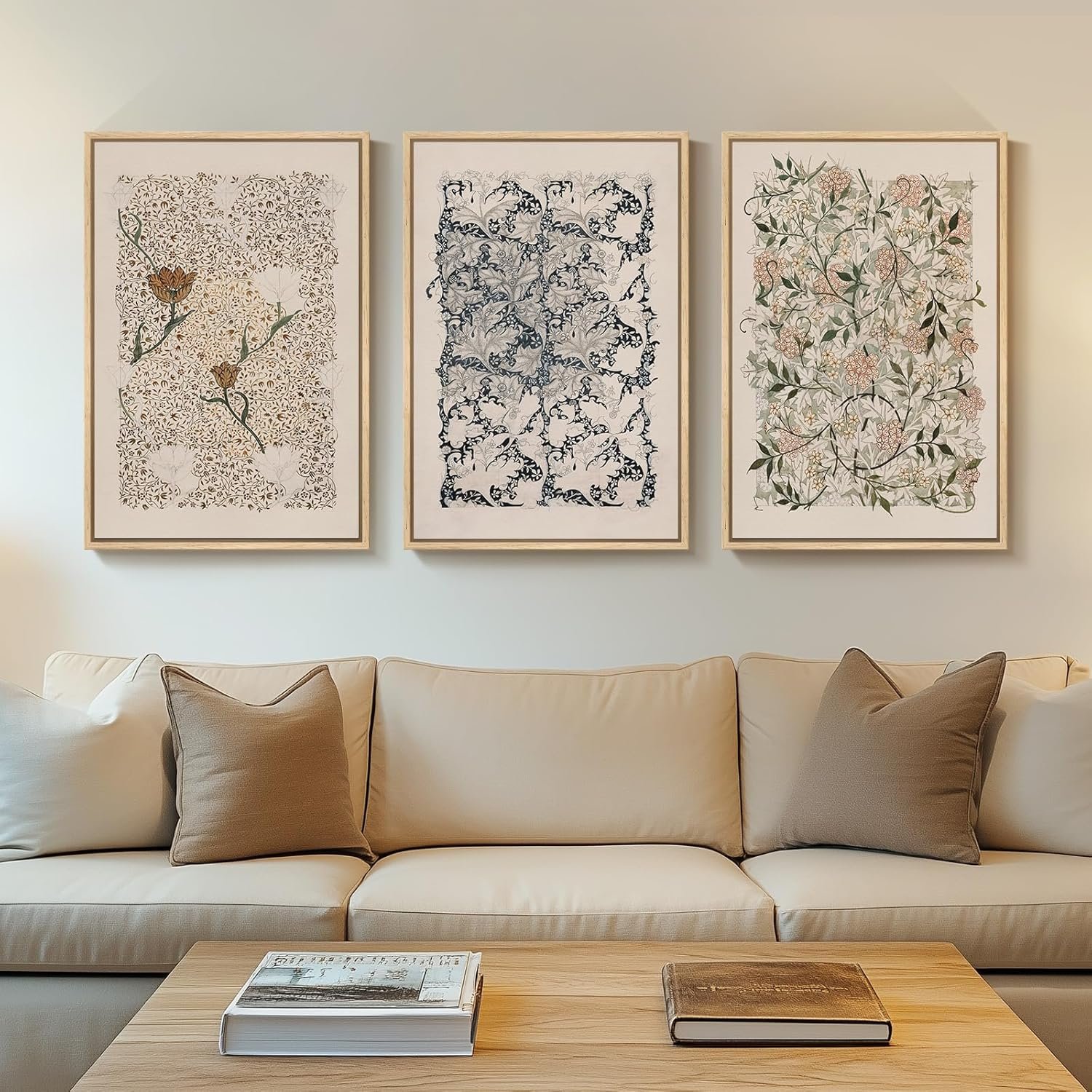 Framed Large William Morris Canvas Wall Art Set of 3, Vintage Nature Floral Artwork Prints, Boho Neutral Botanical Wall Decor for Living Room, Bedroom, Hallway and Office, Total Size 30×60