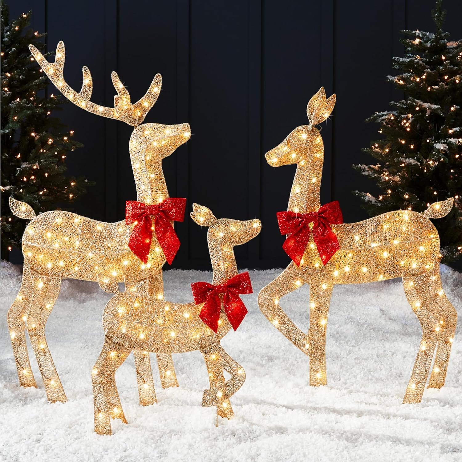 Best Choice Products 4ft 3-Piece 2D Lighted Christmas Deer Family Set, Large Outdoor Yard Reindeer Holiday Decoration with 175 LED Lights, Stakes, Zip Ties – Gold
