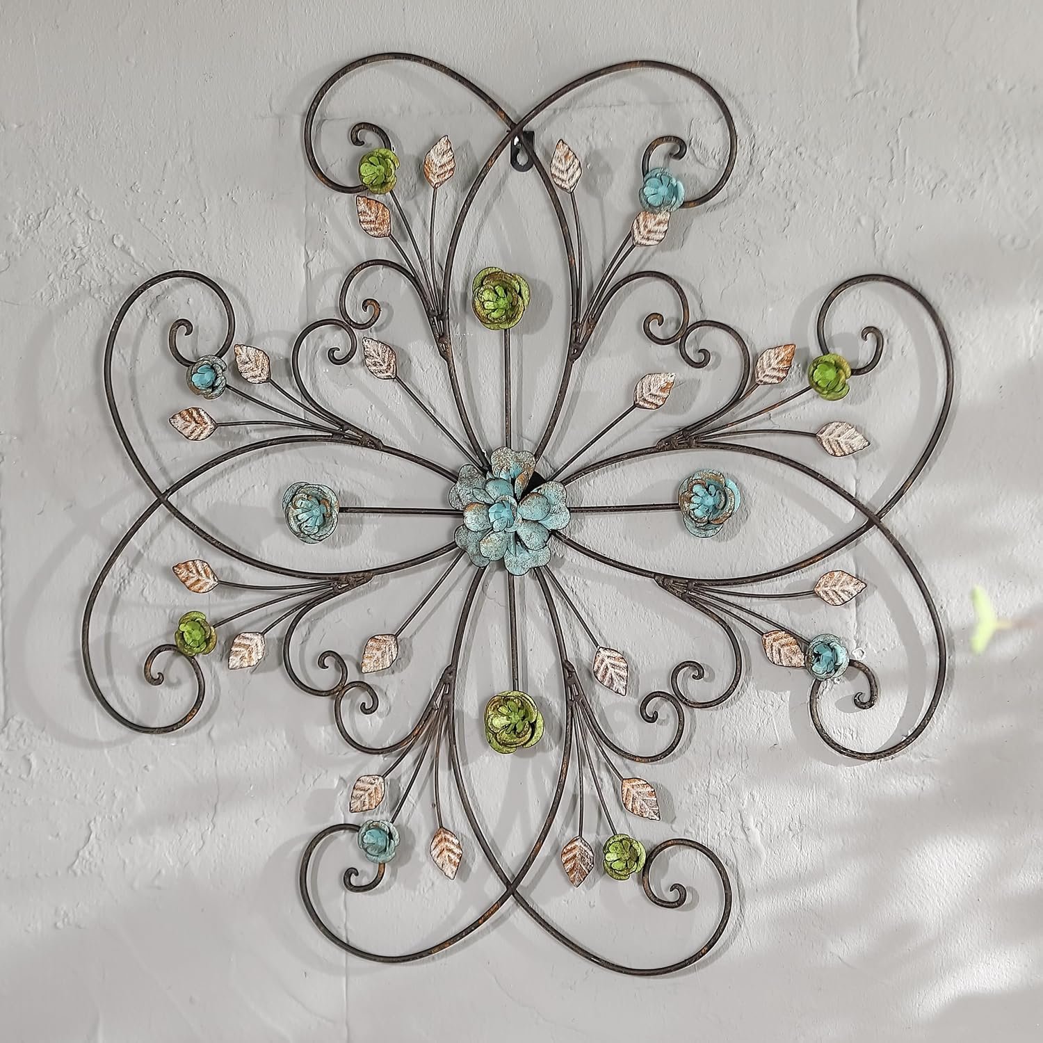 Phaxth 24″ Metal Flower Wall Art Decor with Rust Leaf, Large Scroll Outdoor Wall Art Decor