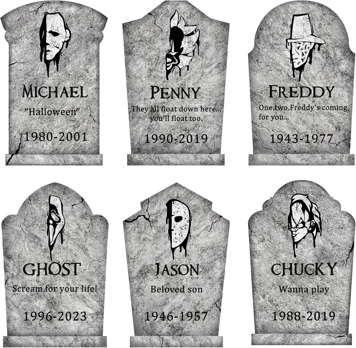 Halloween Decorations Outdoor Graveyard Tombstones: 6ct Large Tombstone Halloween Decor Yard Signs with Stake, 17″ Tall Scary Gravestones with Half Killer Face, Waterproof Lawn Decor Outside, Not Foam