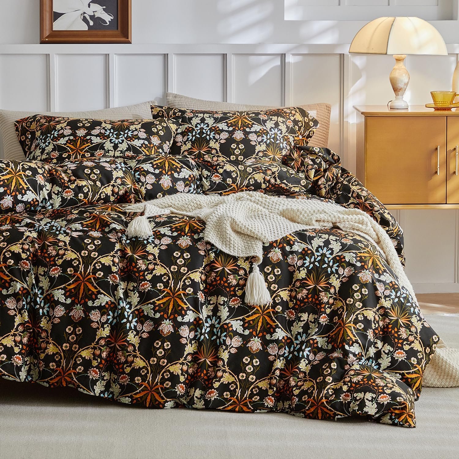 mixinni Vintage Floral Duvet Cover King Size Farmhouse Boho Duvet Cover Set Cotton Percale Flowers Pattern Printed Bedding Set with 2 Pillowcases Perfect for Him and Her-King Size