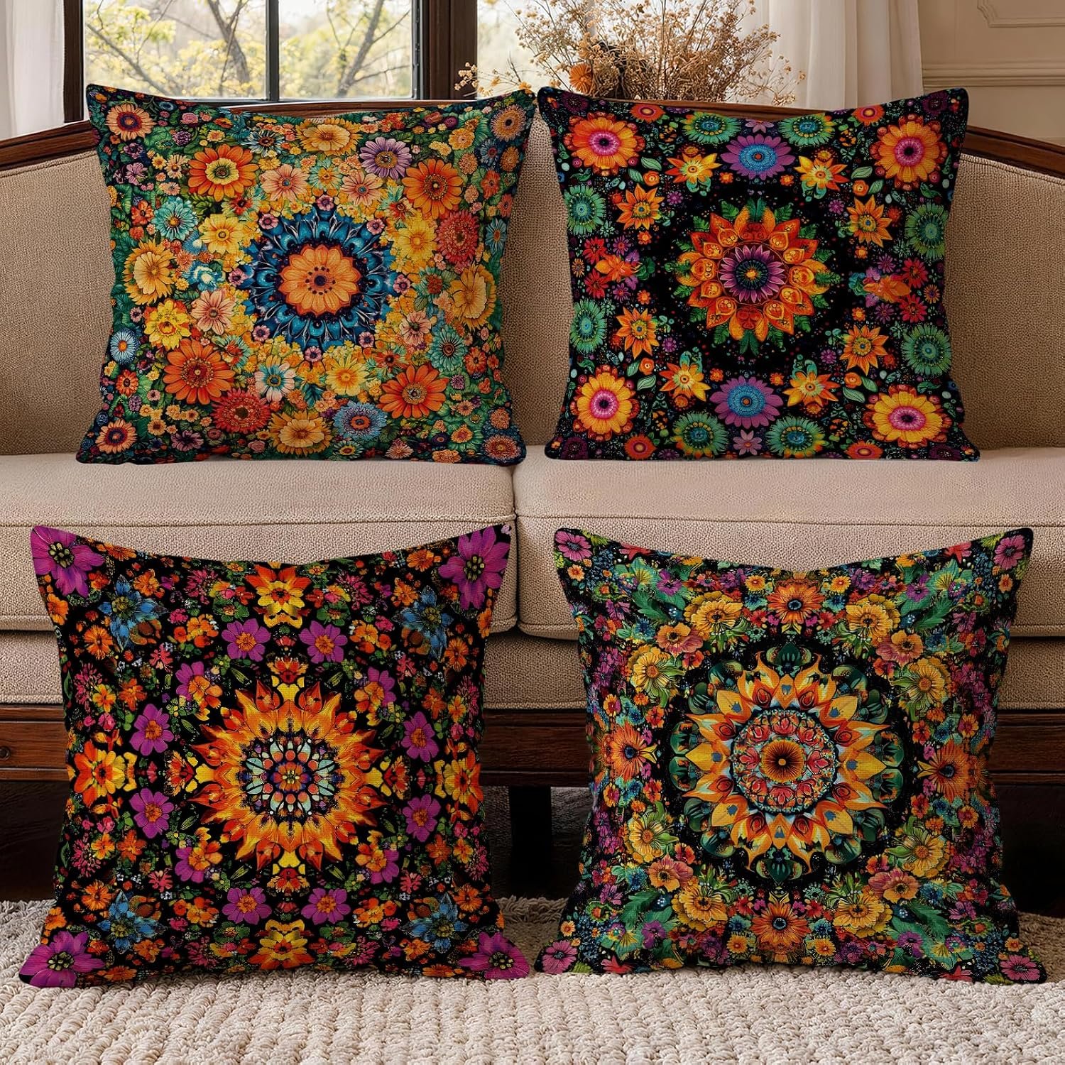 OBSEDE Boho Floral Mandala Decorative Throw Pillow Covers 18 x 18 Set of 4 | Faux Linen, Hidden Zipper, Vibrant Artistic Print, Vintage Floral, Sofa Living Room Home Decor, Fade Resistant, Single Side