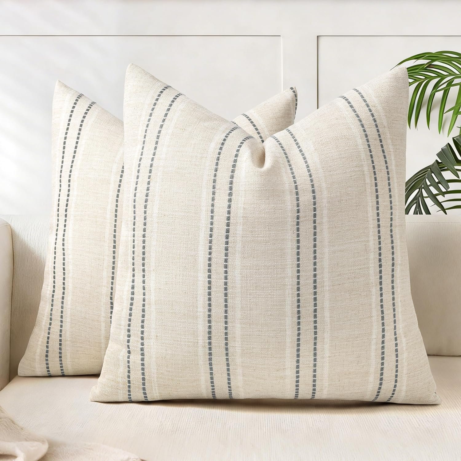 18×18 Decorative Farmhouse Linen Blend Throw Pillow Covers, Boho Textured Pillow Case, Set of 2, Beige with White & Gray Stitch Yarn Dyed Stripe Cushion Cover for Sofa Living Room (Cover ONLY)